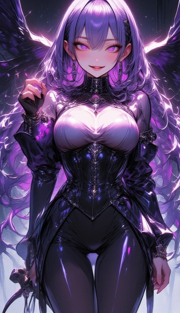  1 mature beautiful woman ,(masterpiece:1.3, top quality :1.3, very detailed depiction:1.3, incredible high resolution:1.3,High quality anime drawings),(The Enchanting Thief:1.3),( phantom thief costume, tuxedo,Gentleman's hat,His eyes are covered with a black Venetian mask:1.3,latex, luxury accessories , black tights, boots),(Glowing purple eyes, half-closed eyes:1.3, Crazy Eyes , , bewitching smile,Glossy lips, flashy makeup, eyeshadow,Seductive gestures,Beautiful legs, healthy legs,Curvaceous Body,High quality skin),Full body images:2.0,