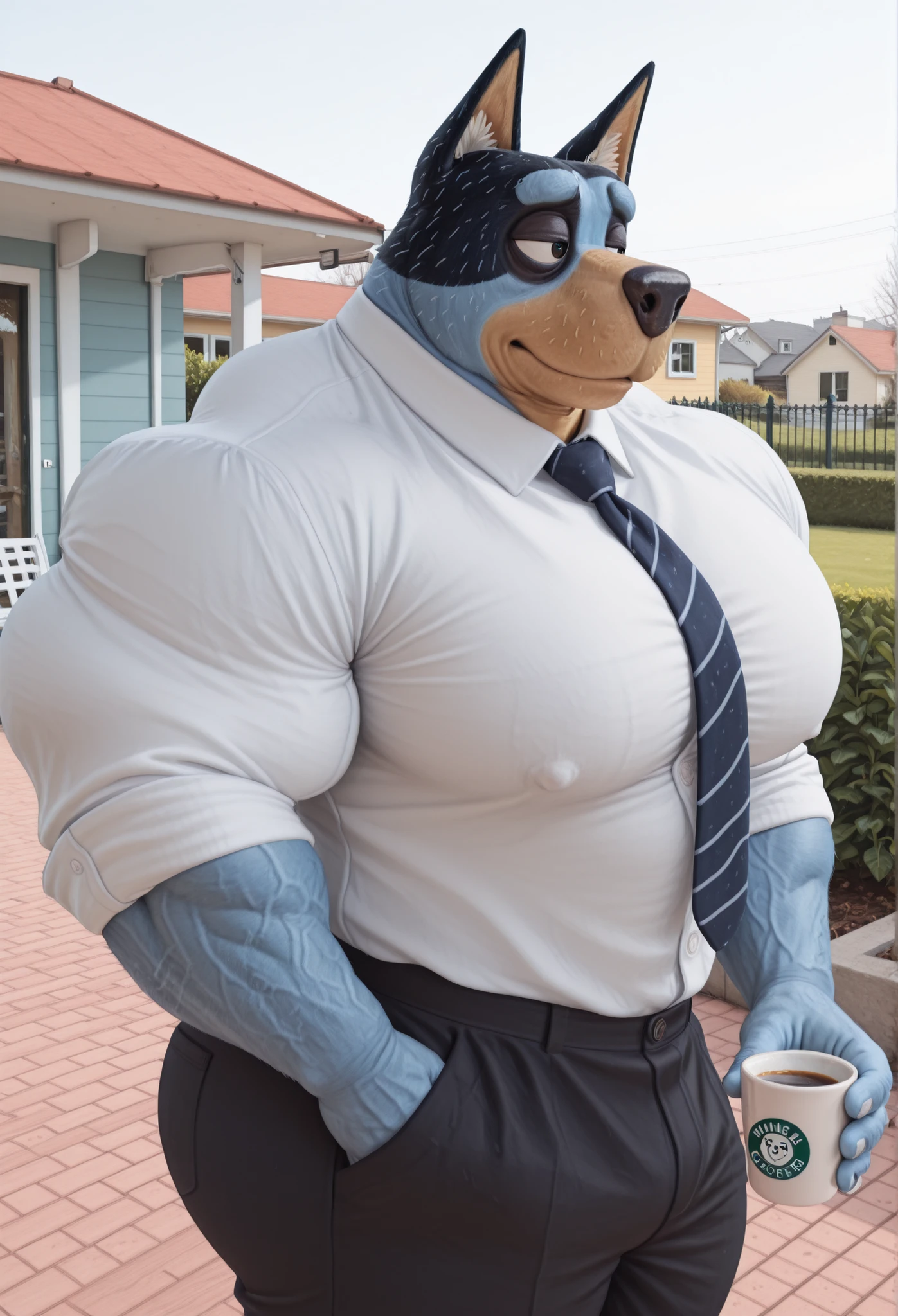 masterpiece, best quality, amazing quality, high quality, semi realistic, furry, 1boy, bandit heeler, black body, blue body, huge muscle, detailed background, solo, Upper view, Upper body view, black dress pants, white dress shirt, nice angle, american neighborhood, american suburb, house garden, cup of coffee in hand, other hand in pocket, tie, 