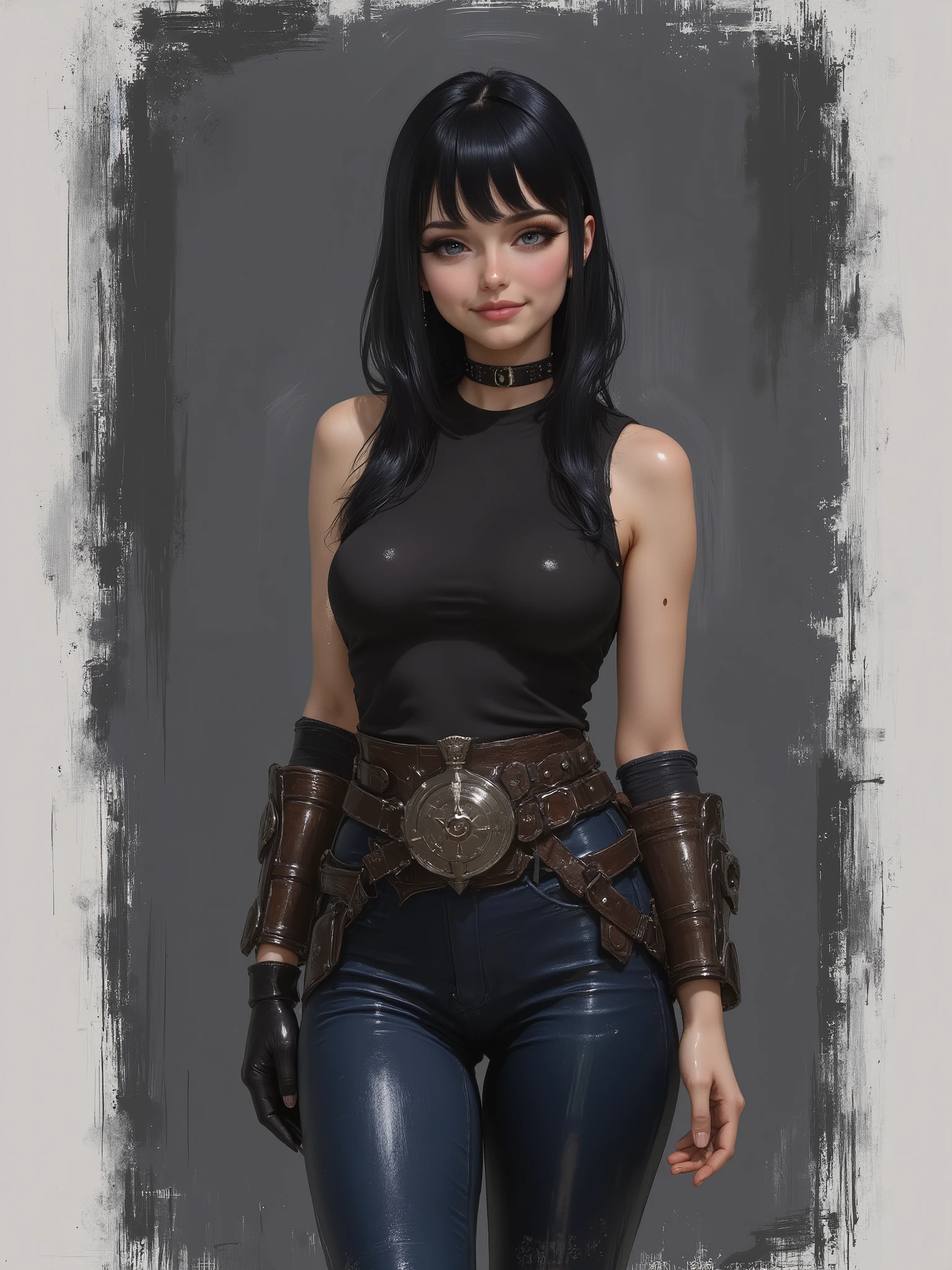 sketch painting, marinette Dopanchan, aidmaillustrious, A very beautiful and cute 22 year old woman with a slight smile. (((Shy smile))), sharp focus on the face, (((Western eyes:1.5))), (((Extremely detailed ice-blue eyes, beautiful eyes, beautifully detailed eyes))), (((delicately detailed thin pink lips))), (((long hair, shiny hair))), (((black medieval steampunk style sleeveless t-shirt))), (((Dark Blue medieval steampunk style leather warrior pants))), (((full body view, dynamic pose, standing:1.5, graceful pose))), (((The background is Dark Gray and painted with expressive, visible textures using dynamic brushstrokes and strokes that add depth and movement. The paint covers only the area just behind the subject. The outer edges of the image with black margins, as if the background had been painted with a brush and with expressive and visible textures using dynamic brushstrokes and strokes fading toward the edges creating a modern and artistic vignette effect))). Cinematic lighting, soft depth of field, (((masterpiece/high resolution/Best Quality/top quality/high quality/UHD/16k quality))), sharp focus, no blur, film grain, bokeh.