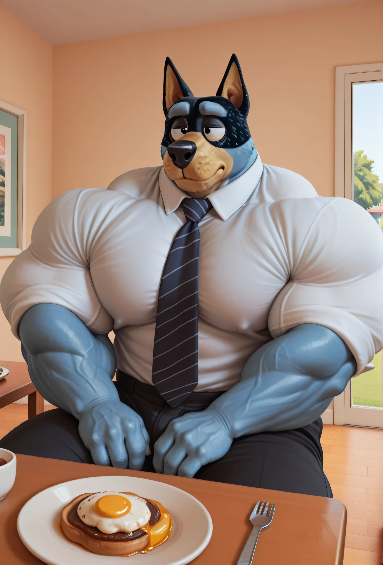 masterpiece, best quality, amazing quality, high quality, semi realistic, furry, 1boy, bandit heeler, black body, blue body, huge muscle, detailed background, solo, Upper view, Upper body view, black dress pants, white dress shirt, nice angle, house, sitting, table, breakfast on table, tie, 