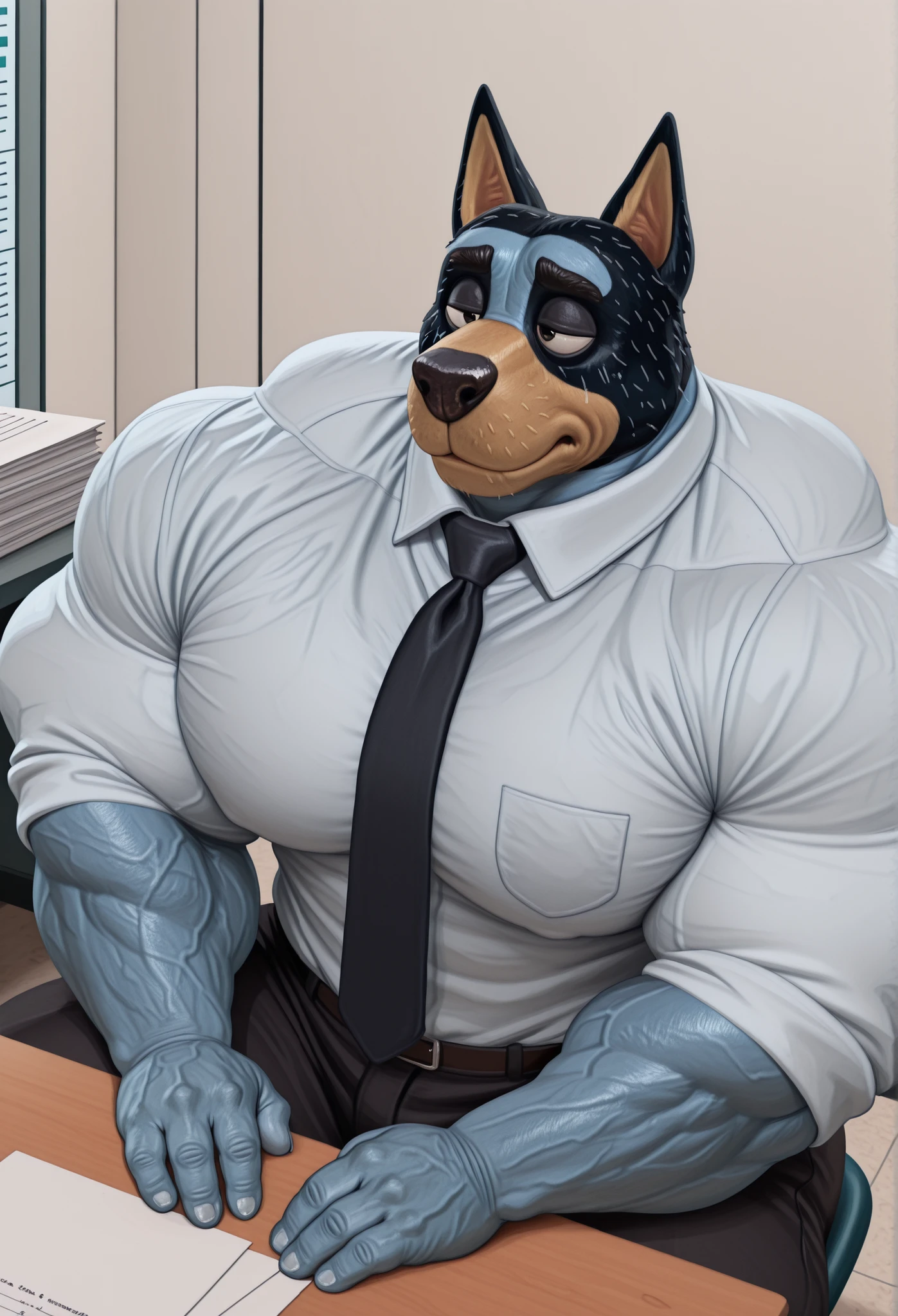 masterpiece, best quality, amazing quality, high quality, semi realistic, furry, 1boy, bandit heeler, black body, blue body, huge muscle, detailed background, solo, Upper view, Upper body view, black dress pants, white dress shirt, nice angle, office, sitting, desk, papers on desk, tie, tired expression,