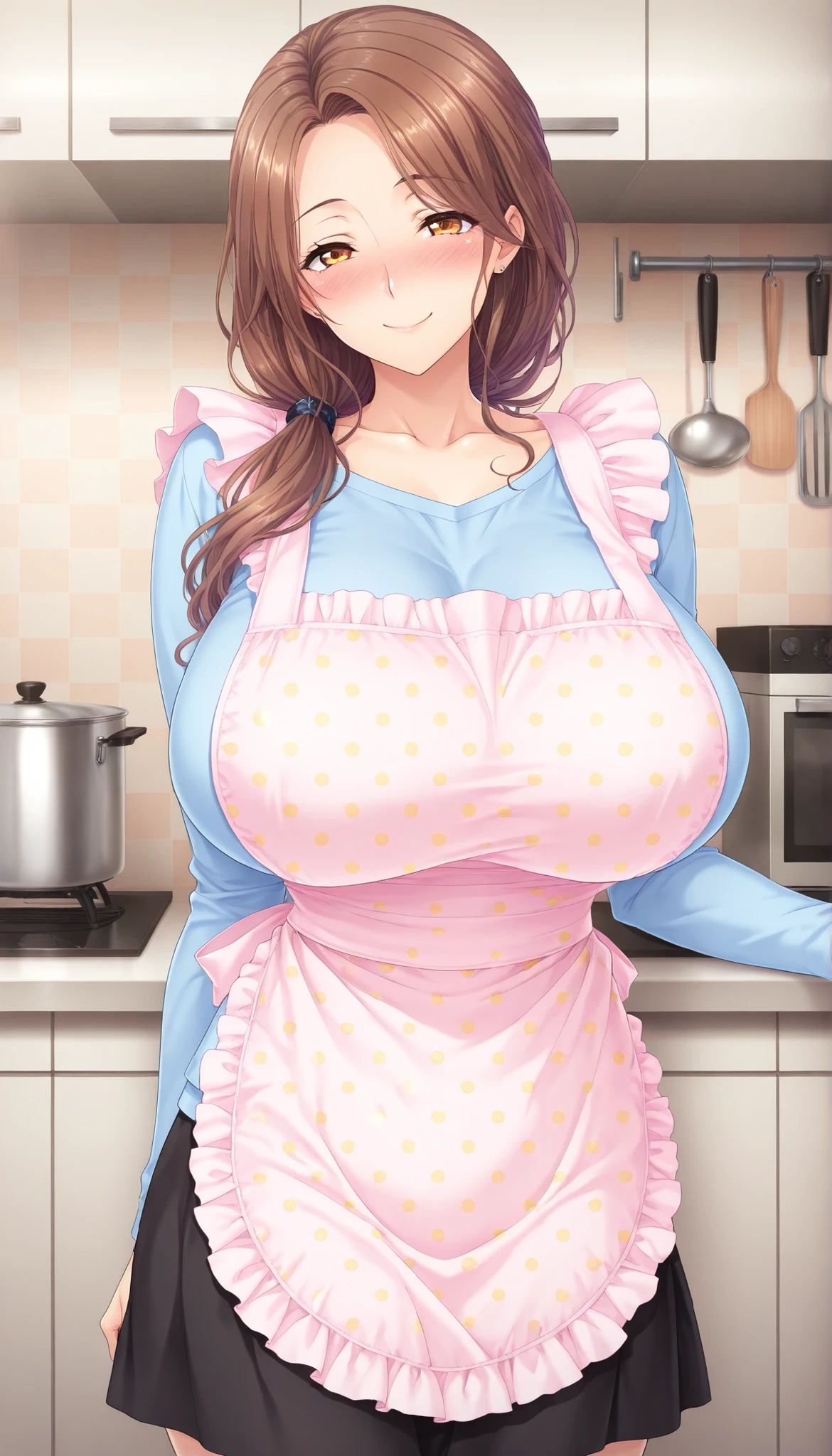 masterpiece, best quality, good quality, 1 girl, Segawa Kaede, brown hair, long hair, wavy, amber eyes, adult, large medium breast, beautiful breast, perfect ratio, slim, game cg style, blush, horny, slutty, smile, pink apron with yellow polka dots, blue long-sleeve shirt, black skirt