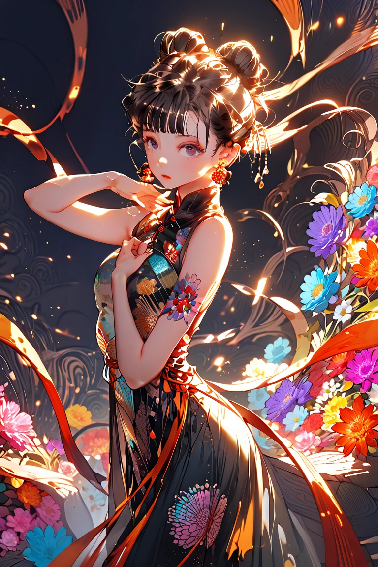 top quality, official art, Beautiful and beautiful:1.2, (1 girl:1.3), Very detailed, (fractal art:1.1), (rich and colorful:1.1)(flowers:1.3), most detailed, (Zentangle:1.2), (dynamic poses), (abstract background:1.3), (Chinese Traditional Cloth:1.2), (shiny skin), (Many colors:1.4), (earrings:1.4), masterpiece, best quality