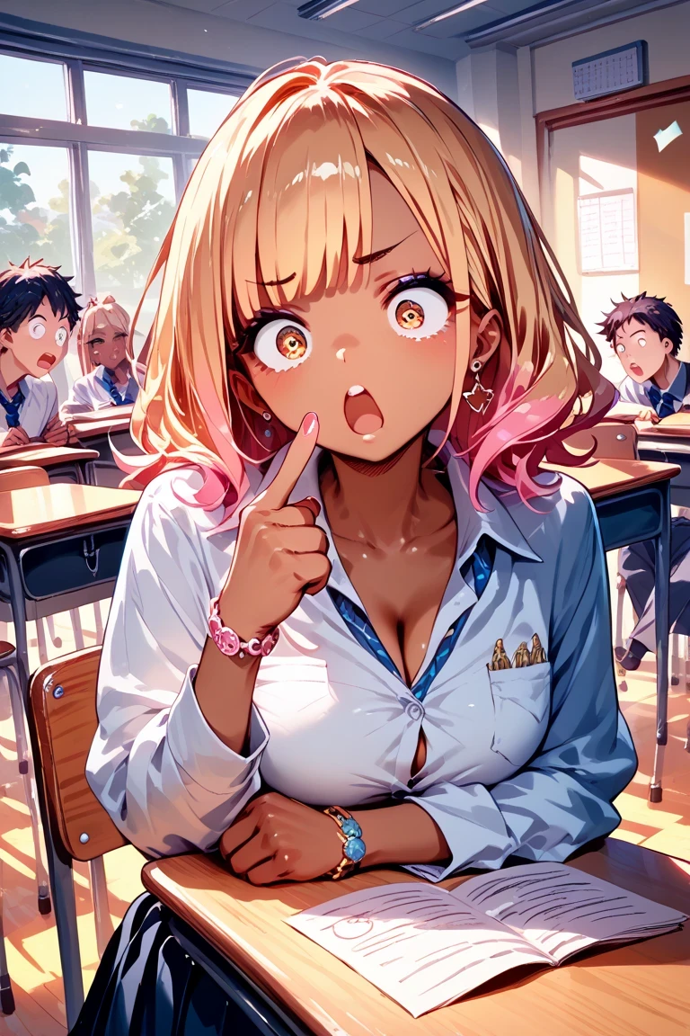 a high school gyaru, single finger pointing, pointing at self, surprised expression with slightly raised eyebrows and half-open mouth, tilted head, confused, sitting at desk in classroom, visible several students sitting at desks behind her,