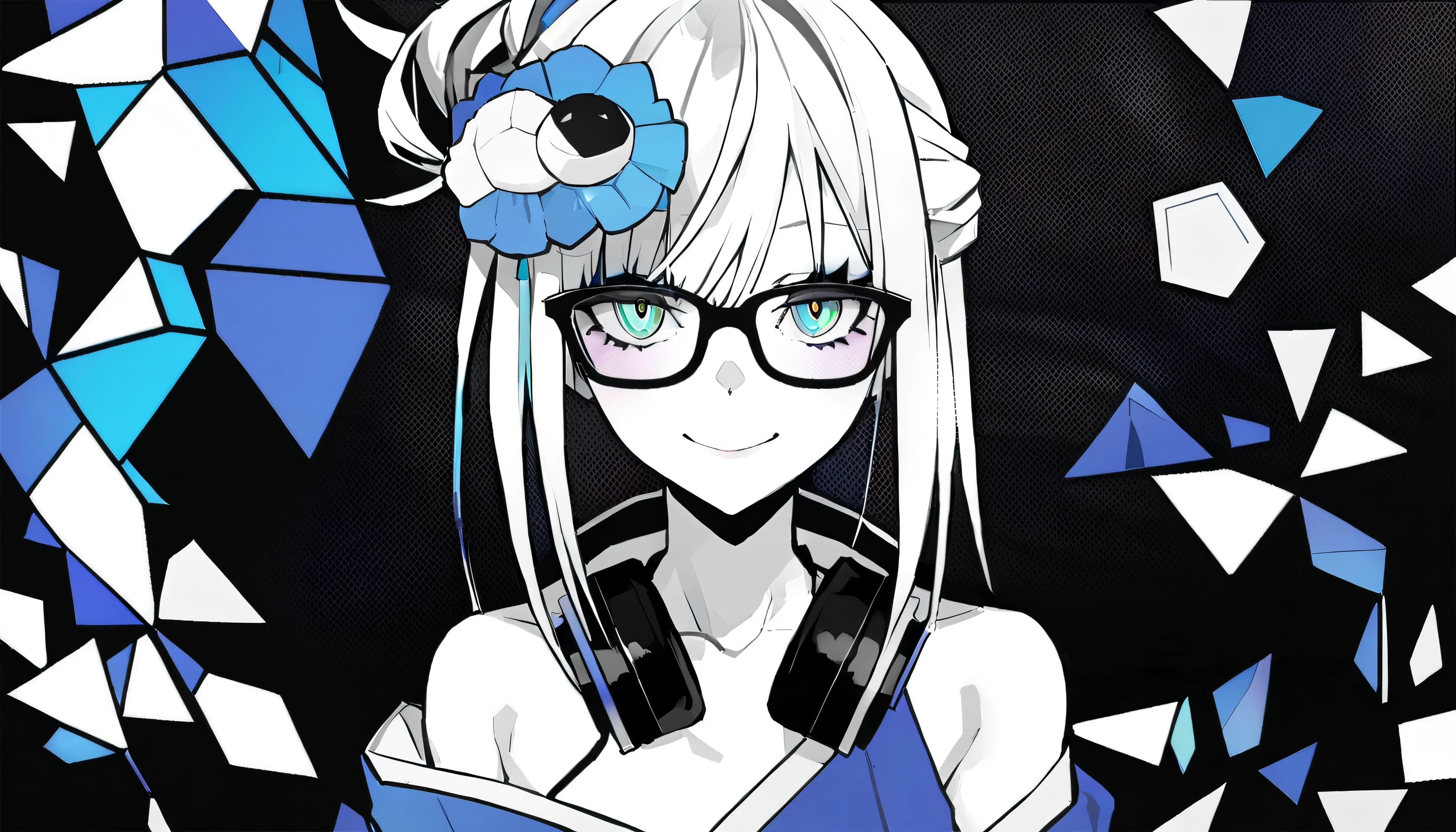 ((The background is a blue Mt. Fuji))、masterpiece, Highest Quality, ((1 girl:The arrangement is centered)), Spikes, ((solo)), Glasses、headphones , Smile Yan, hair ornaments, spiked Color, Gamer, Illness, monochrome, 色つきのheadphones around neck,yandere, Black background, Color, watching viewers, Bare Shoulder, green eyes, hair between eyes,(hairstyle:Evening updo:hair ornaments)、I'm wearing a colorful, colored kimono