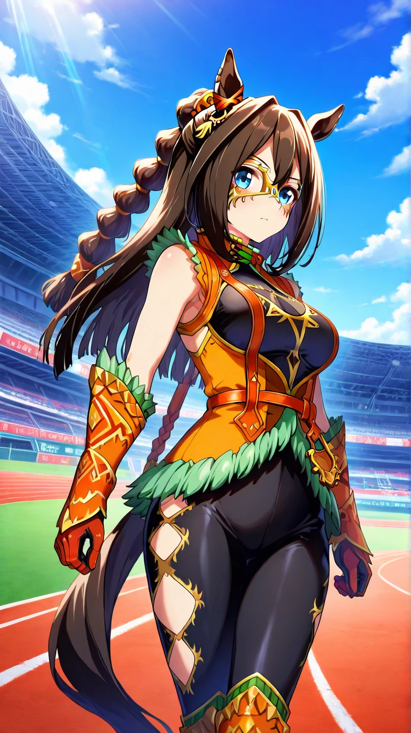 anime coloring, official art, high definition, amazing quality, best quality, very aesthetic, masterpiece, absurd, ECP, horse ears, horse tail, long hair, bangs, brown hair, ponytail, blue eyes, ECP_Monk, yellow mask, yellow domino mask, armor, sleeveless, cleavage, cleavage cutout, gloves, black thighhighs, clothing cutout, boots, official alternate costume
