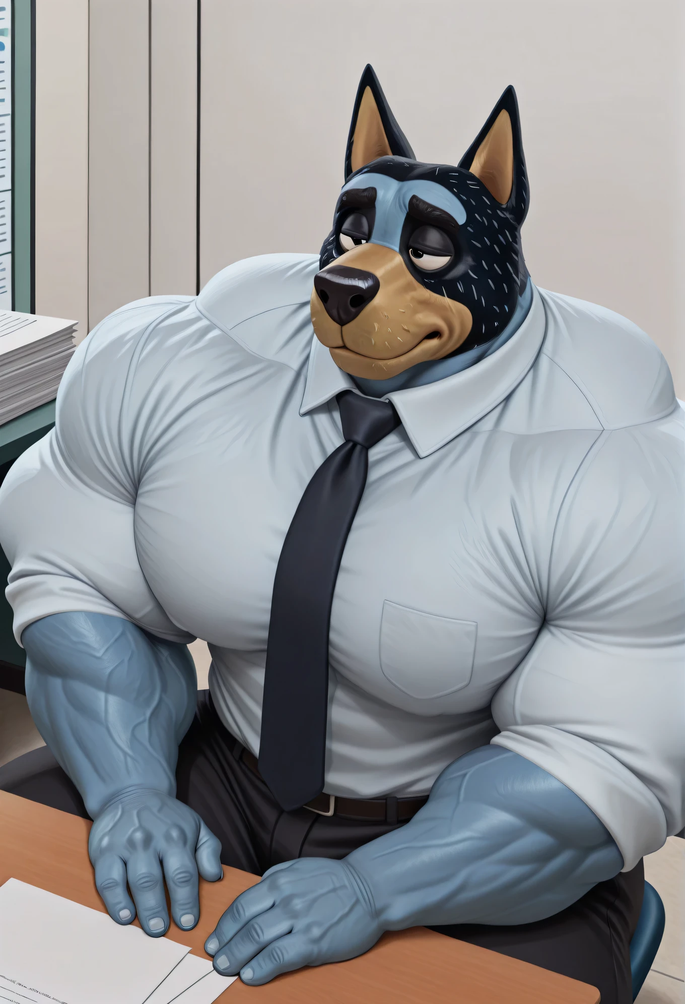 masterpiece, best quality, amazing quality, high quality, semi realistic, furry, 1boy, bandit heeler, black body, blue body, huge muscle, detailed background, solo, Upper view, Upper body view, black dress pants, white dress shirt, nice angle, office, sitting, desk, papers on desk, tie, tired expression,