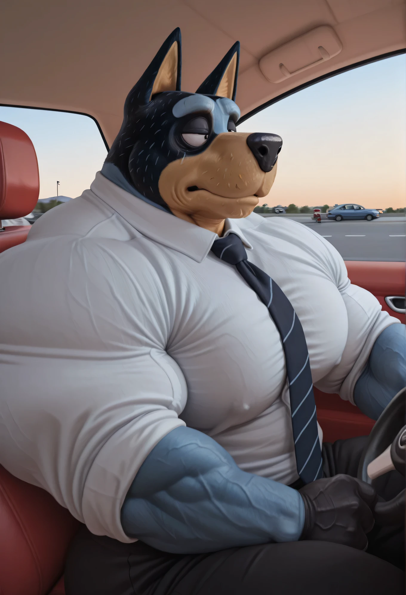 masterpiece, best quality, amazing quality, high quality, semi realistic, furry, 1boy, bandit heeler, black body, blue body, huge muscle, detailed background, solo, Upper view, Upper body view, black dress pants, white dress shirt, nice angle, car, sitting, driving, traffic, tie, tired expression, morning,