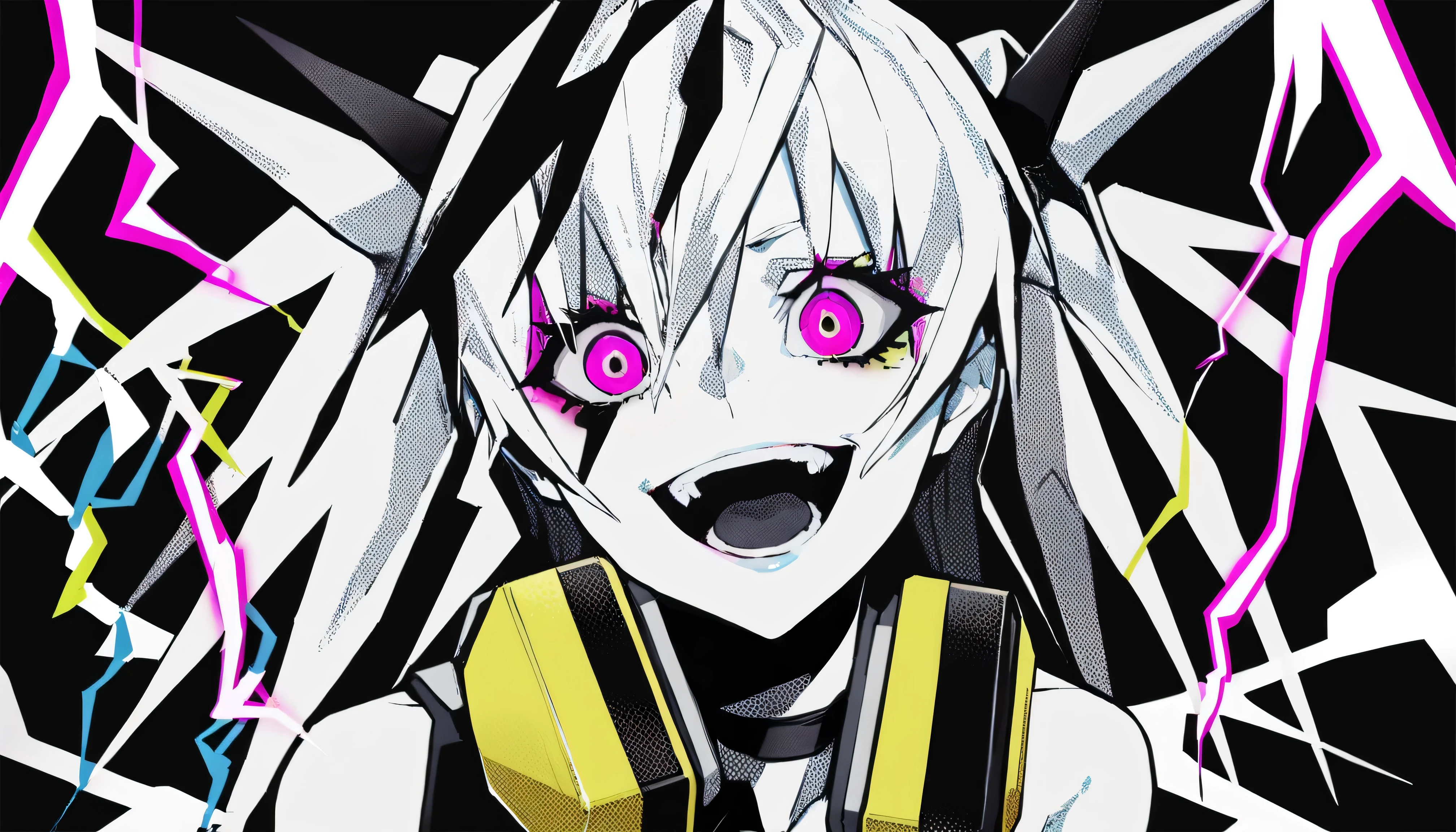 ((The background is a chaotic near-future))、masterpiece, Highest Quality, ((1 girl:The arrangement is centered)), ((The background is colored lightning))、Spikes, ((solo)), headphones , Crazy smile, , spiked Color, Illness, monochrome, 色つきのheadphones around neck,yandere, Black background, Color, watching viewers, Bare Shoulder, purple eyes,(hairstyle:hair ornaments)、sexy hard rock punk costume