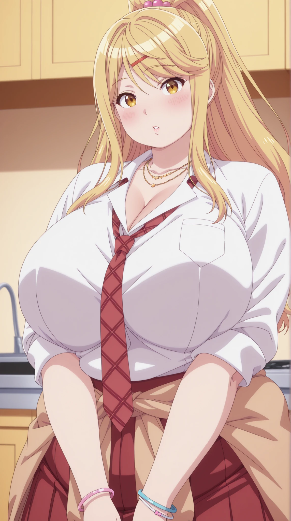 chubby,plump,WeightChubby,Masterpiece, high detail, very hd, best quality, semirealistis, ray trecing, solo, 1girl, detail face, detail hair, himari ishikura, long hair, bangs, blonde hair, hair ornament, yellow eyes, ponytail, hairclip, high ponytail, mature female, anime screencap,,looking at viewer, huge breasts, beautiful, perfect body,parted lips, blush,skirt, shirt, jewelry, school uniform, white shirt, necktie, collared shirt, necklace, bracelet, red skirt, red necktie, clothes around waist, gyaru,,standing in the kitchen,