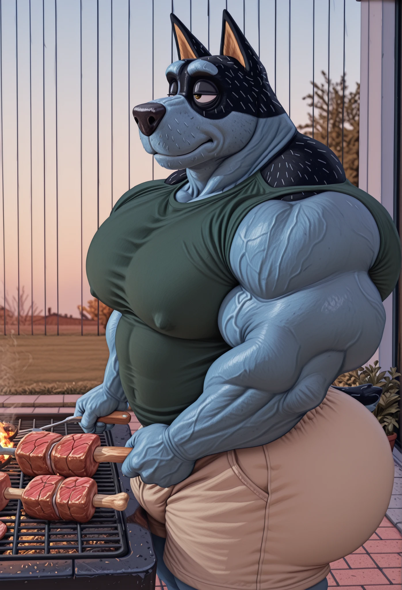 masterpiece, best quality, amazing quality, high quality, semi realistic, furry, 1boy, bandit heeler, black body, blue body, huge muscle, detailed background, solo, Upper view, Upper body view, beige shorts, green t-shirt, nice angle, american neighborhood, american suburb, house garden, grill, roasting meat,