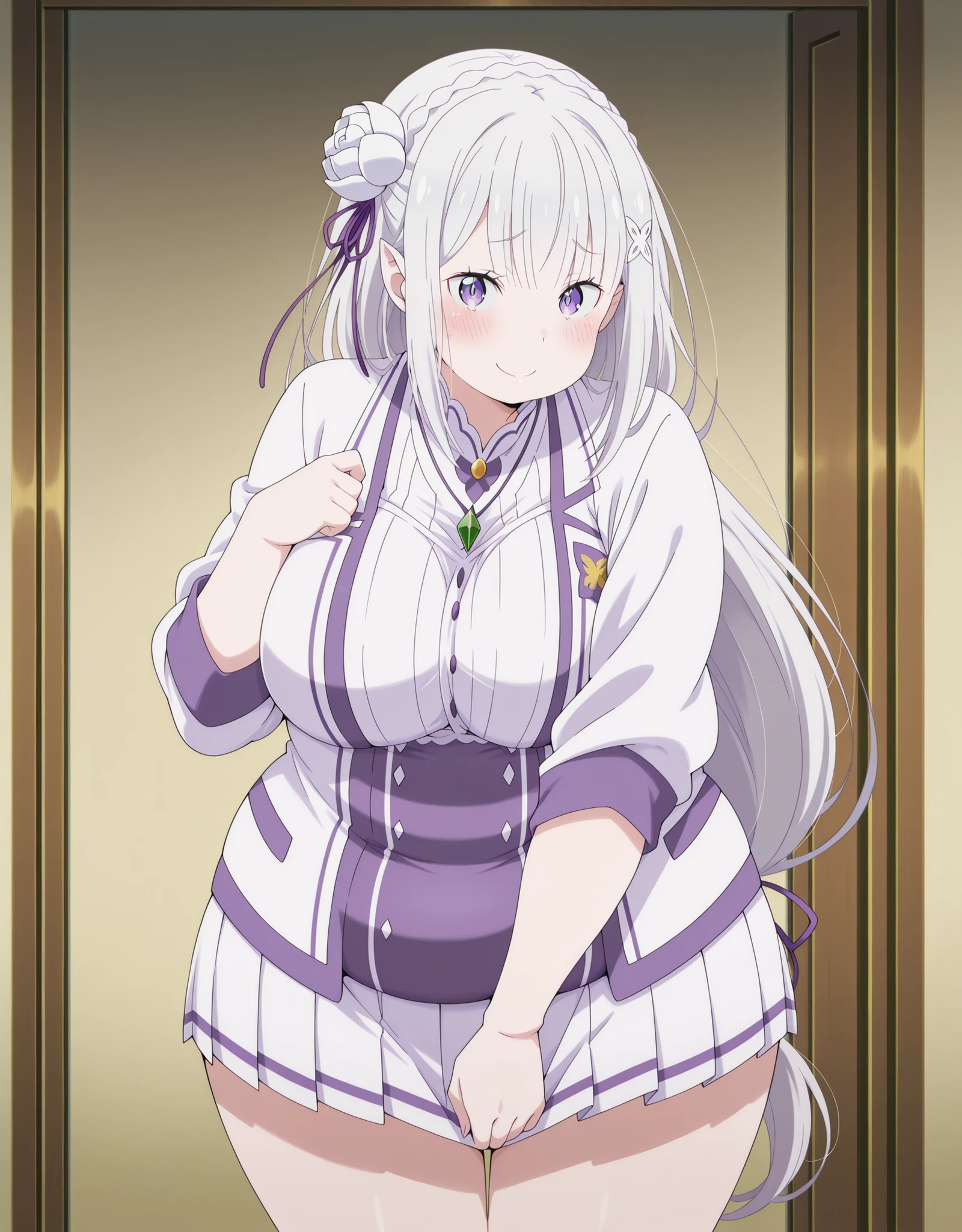 chubby,plump,WeightChubby,masterpiece, best quality, amazing quality,, emilia, emilia (re:zero), braid, crown braid, flower, hair flower, hair ornament, hair ribbon, long hair, pointy ears, purple eyes, white hair, x hair ornament, mature female, , anime screencap, tomoaizawa skirt tug, solo, looking at viewer, blush, smile, skirt, standing, cowboy shot, pleated skirt, miniskirt, skirt tug, embarrassed,, , ,