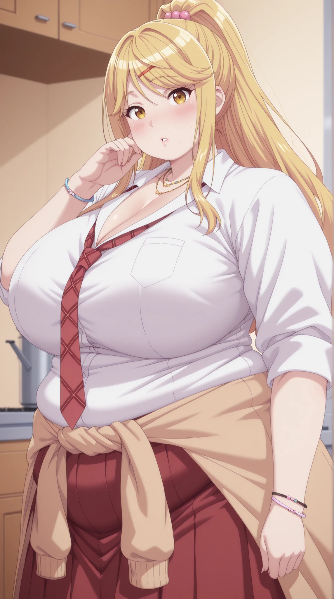 fat,obese,chubby,plump,WeightChubby,Masterpiece, high detail, very hd, best quality, semirealistis, ray trecing, solo, 1girl, detail face, detail hair, himari ishikura, long hair, bangs, blonde hair, hair ornament, yellow eyes, ponytail, hairclip, high ponytail, mature female, anime screencap,,looking at viewer, huge breasts, beautiful, perfect body,parted lips, blush,skirt, shirt, jewelry, school uniform, white shirt, necktie, collared shirt, necklace, bracelet, red skirt, red necktie, clothes around waist, gyaru,,standing in the kitchen,