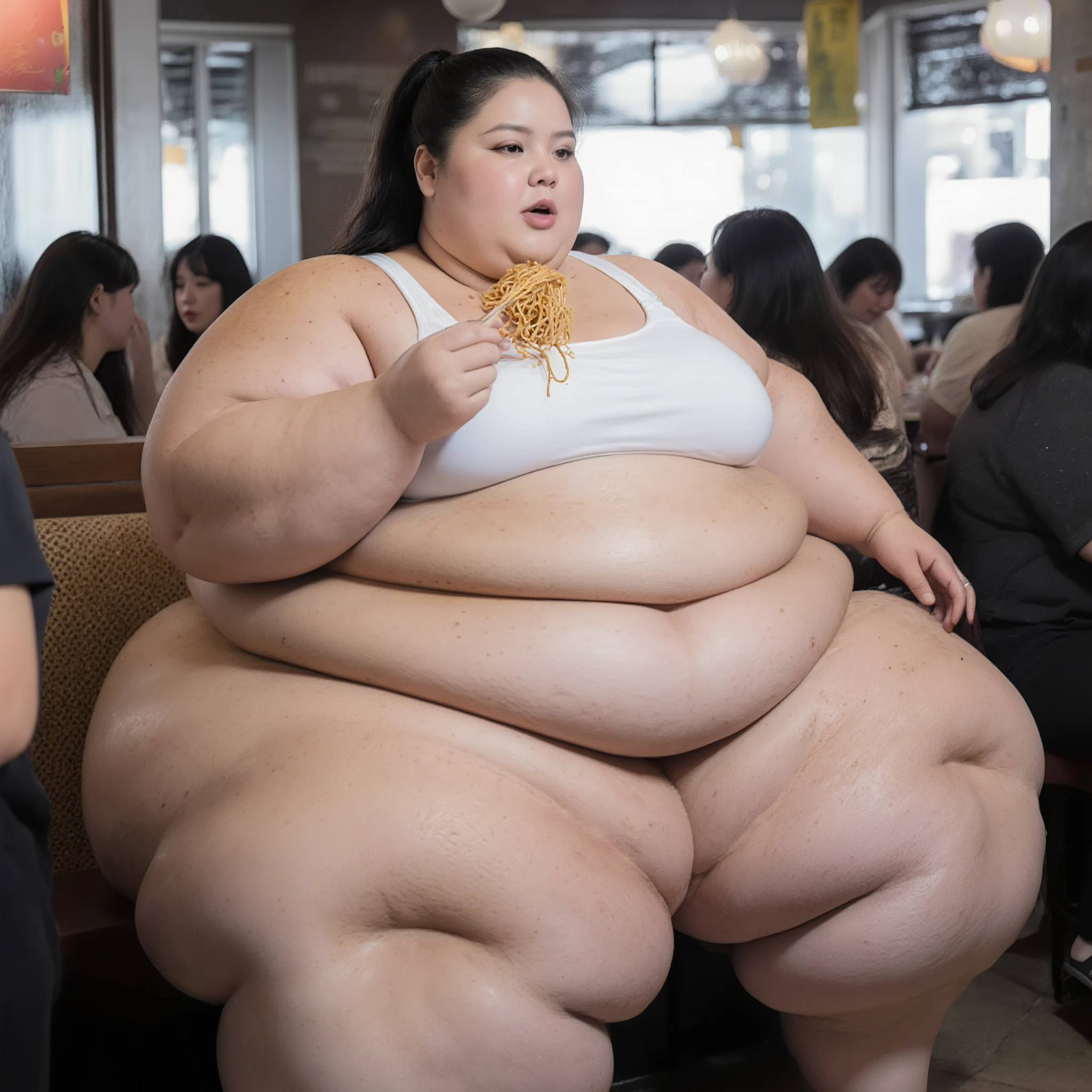 A highly detailed photorealistic photo of the most extremely fat, astronomically oversized, beautiful teenage woman imaginable sitting in a full body shot. She is an ultra-morbidly obese, hyper SSBBW weighing over 2000 pounds, a USBBW with fat rolls everywhere, a gigantic apron belly, enormous hips, monolithic thighs. Her body is smothered in dense fat with deep folds and dimples. Gigantic sagging breasts. Her ass is an epic overhanging mass, colossal pendulous arms, multiple thick chins, bloated hands and feet. Her face is extremely beautiful, attractive and pretty, yet profoundly fat, with plump lips, pudgy cheeks, and youthful korean features, pale skin, beautiful black hair in high ponytail. She is in a crowded restauraunt and is eating noodles. Ultra-photorealistic 8K, hyper-detailed skin with pores, cellulite, stretch marks, sweat; global illumination, shadows emphasizing fat depths, high dynamic range.