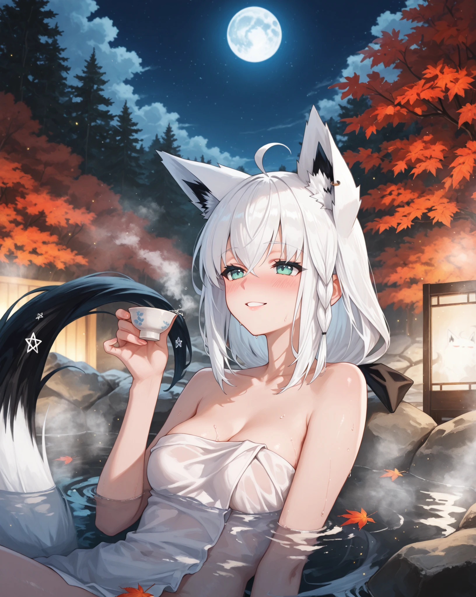 1 sexy gal , Shirakami Fubuki_(ホロライブ), solo, (masterpiece, top quality, highly detailed depiction, incredibly high resolution, high quality anime picture), (voluminous A-line silhouette), (seductive gestures),
A watercolor painting of fox spirit gazing at the Mid-Autumn Moon while drinking sake from a vermilion flat sake cup , tokkuri , An open-air bath in a forest ablaze with autumn colors, steam rising, the hues of nature , Huge Full moon , moonlight , ( steam:1.5 ) , 1girl , solo , Fox girl , Fox tail , naked , beautiful face,perfect face,highly detailed beautiful face and eyes,attractive face , parted lips , ample ,bewitching smile , little drunk , Tempting sensuality , surfacing, head above hot spring, visible shoulder, partially submerged , visible cleavage , leaning back , sexy pose , hourglassshaped body , demure , low angle , 748cmstyle ,
break ,
( ambient occlusion:0.9 ) , masterpiece , best quality , ultra-detailed , high resolution , extremely detailed CG , unity 8k wallpaper , super detailed skin , perfect , detailed beautiful face , detailed beautiful eyes , highres , chiaroscuro , highly detailed background , elaborately designed clothes , dramatic lighting , dramatic angle , light particles , ARW ,