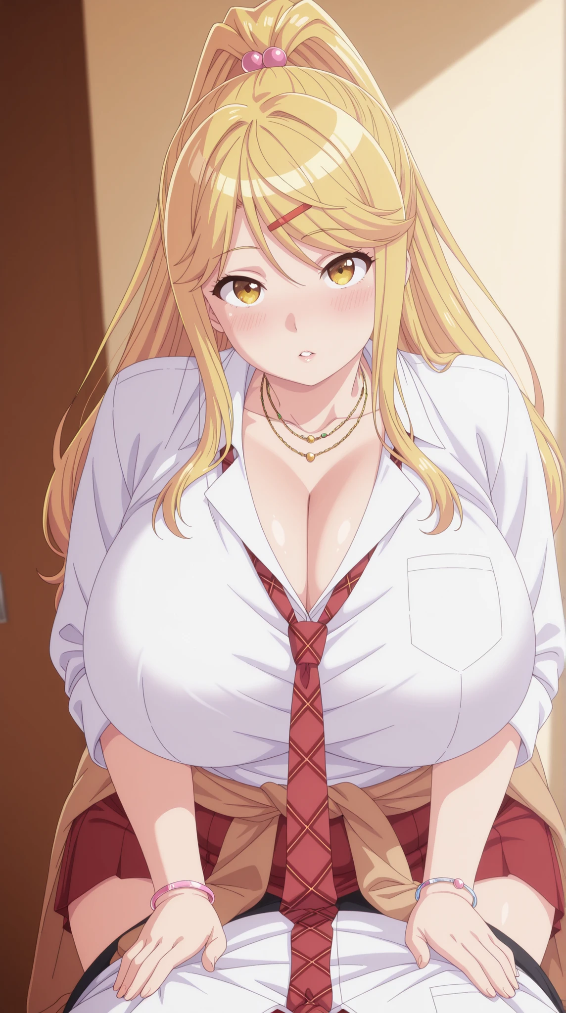 chubby,plump,WeightChubby,Masterpiece, high detail, very hd, best quality, semirealistis, ray trecing, solo, 1girl, detail face, detail hair, himari ishikura, long hair, bangs, blonde hair, hair ornament, yellow eyes, ponytail, hairclip, high ponytail, mature female, anime screencap,,looking at viewer, huge breasts, beautiful, perfect body,parted lips, blush,skirt, shirt, jewelry, school uniform, white shirt, necktie, collared shirt, necklace, bracelet, red skirt, red necktie, clothes around waist, gyaru,,standing in the kitchen, "First-person perspective (POV) of someone lying down on their back , looking up at another person sitting on their lap , facing them . The person sitting has a relaxed but dominant posture , their hands resting on the viewer’s chest or thighs . The scene captures an intimate and intense moment , with the sitting person making direct eye contact with the viewer . Soft lighting , slight depth blur to enhance immersion, tempting flirt sexy, ((giantic breast))