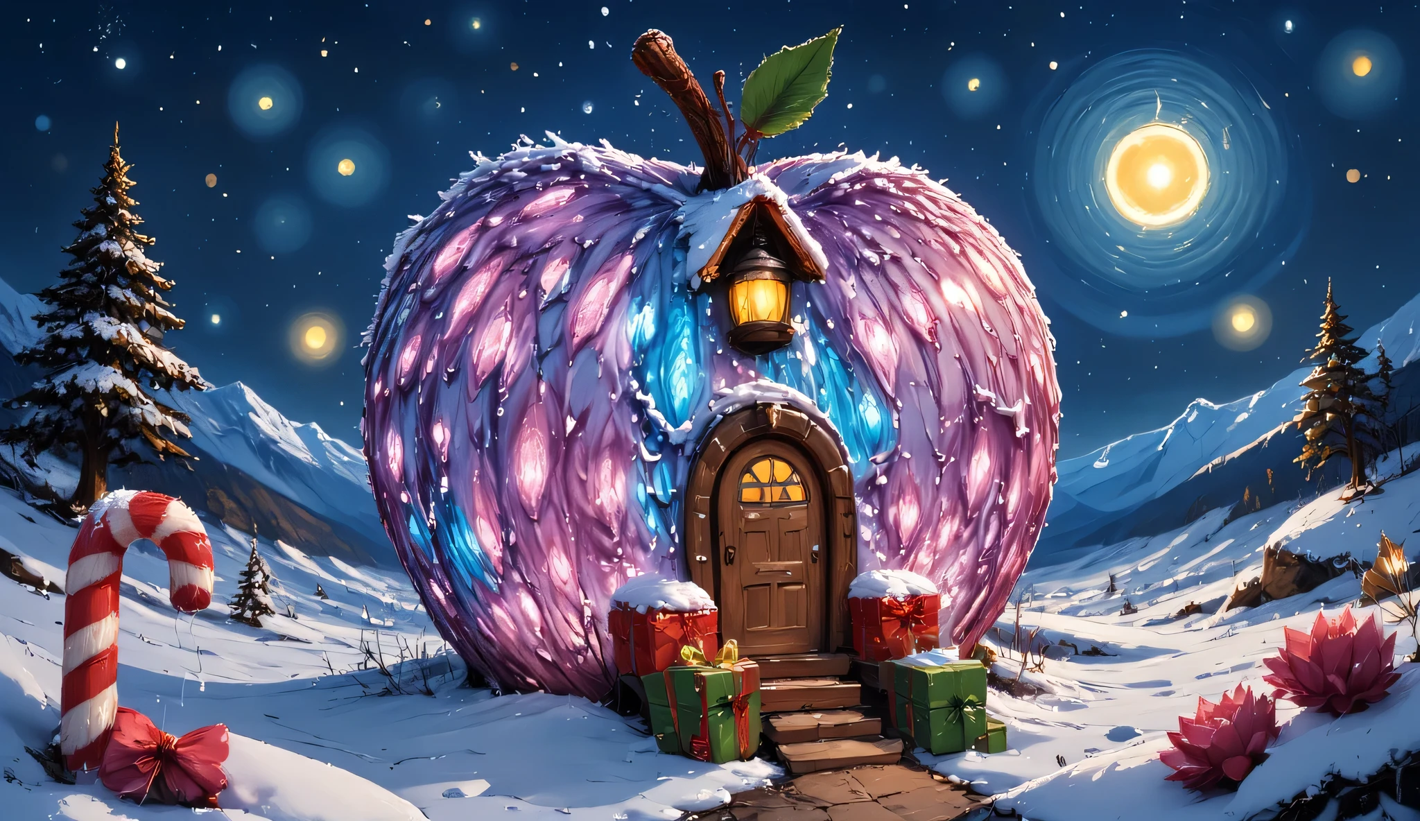  Modern simple art ， Fantastic colored ink art The Christmas cottage ，In the shape of an apple ， The surface is inlaid with shining ice crystals and lanterns ， Huge candy canes and gift boxes are placed in front of the door， There are falling snowflakes and bright starry skies in the distance ，Full of fantastic colors，Vignette， Elegant digital art , Beautiful digital illustrations,  simple style 