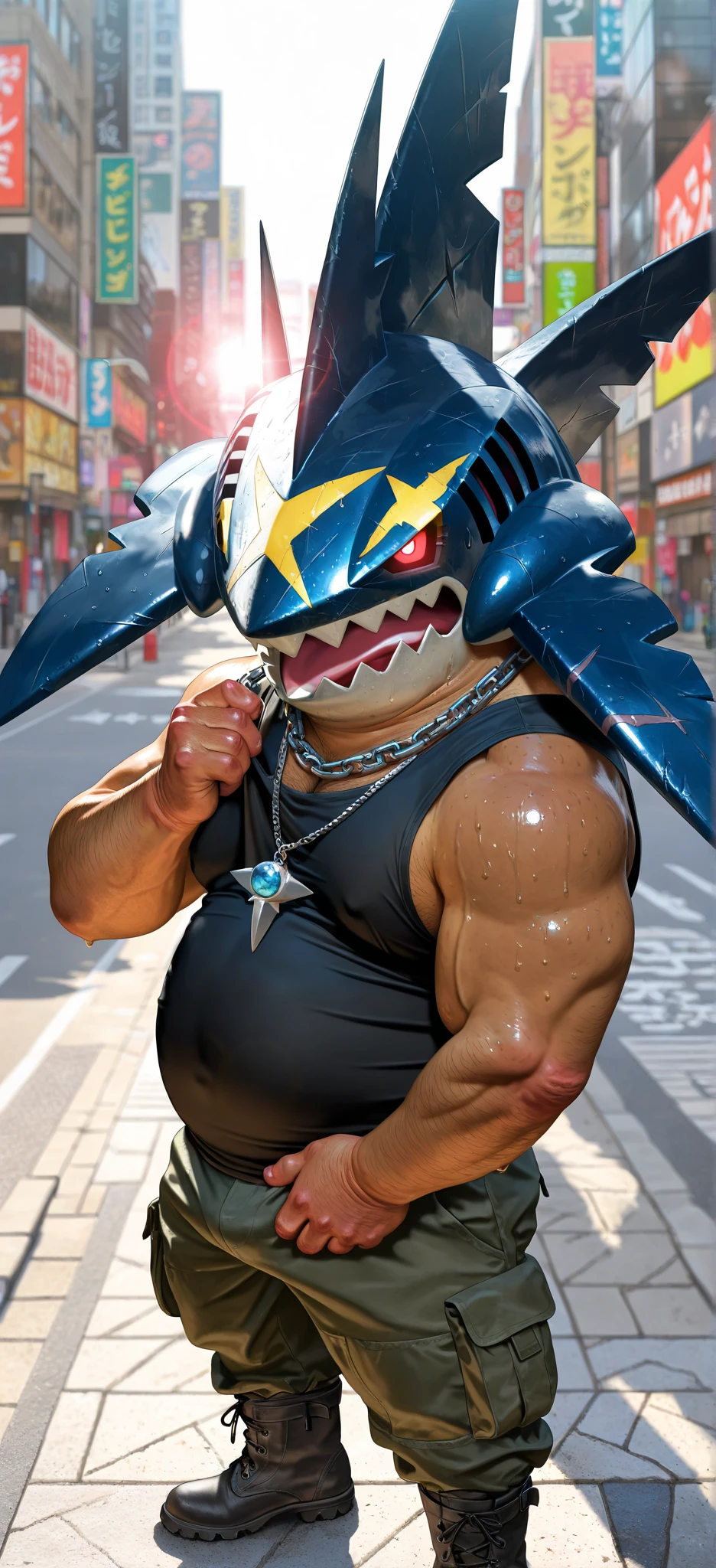 score_9_up, solo, male incineroar, anthro, male, pokemon, pokemon \(species\), generation 1 pokemon, sunglasses on head, chain necklace, flustered, blushing, holding belly, beach, inflated arms, inflated legs, body 