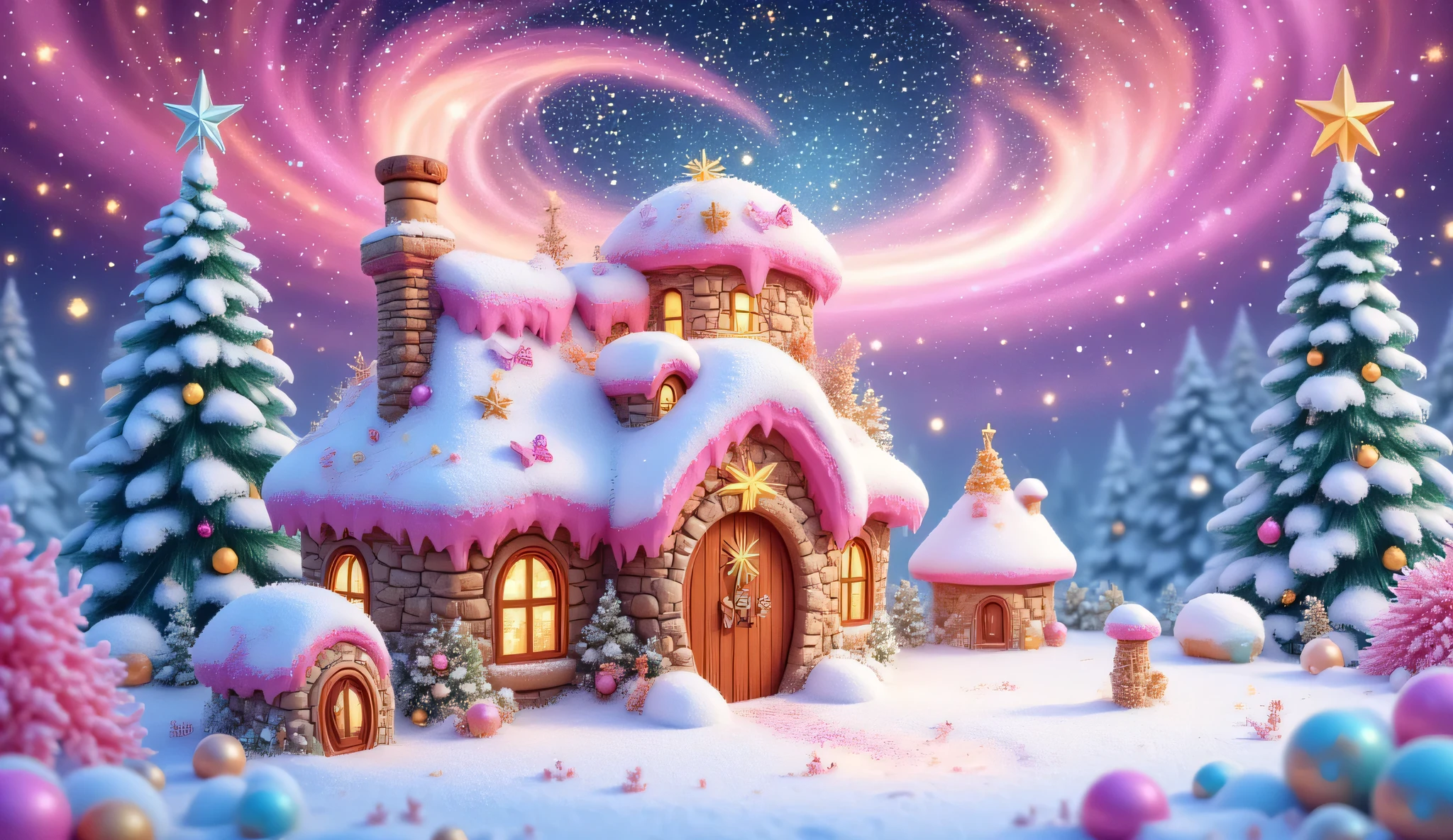tiny whimsical fairy cottage with pointed roof and round windows, toadstool-inspired design, miniature chimney puffing rose-colored smoke, snow-dusted roof with icicle trim, dreamy pink and pearl white galaxy sky, intensely vivid aurora with rose gold, deep emerald, magenta pink and sapphire blue waves, sparkling golden stardust and pink crystal particles, ethereal pink mist, delicate pink crystal butterflies trailing stardust, gentle pink-tinted snowfall mixed with golden sparkles, enchanted forest cottage, storybook architecture, magical cozy scene