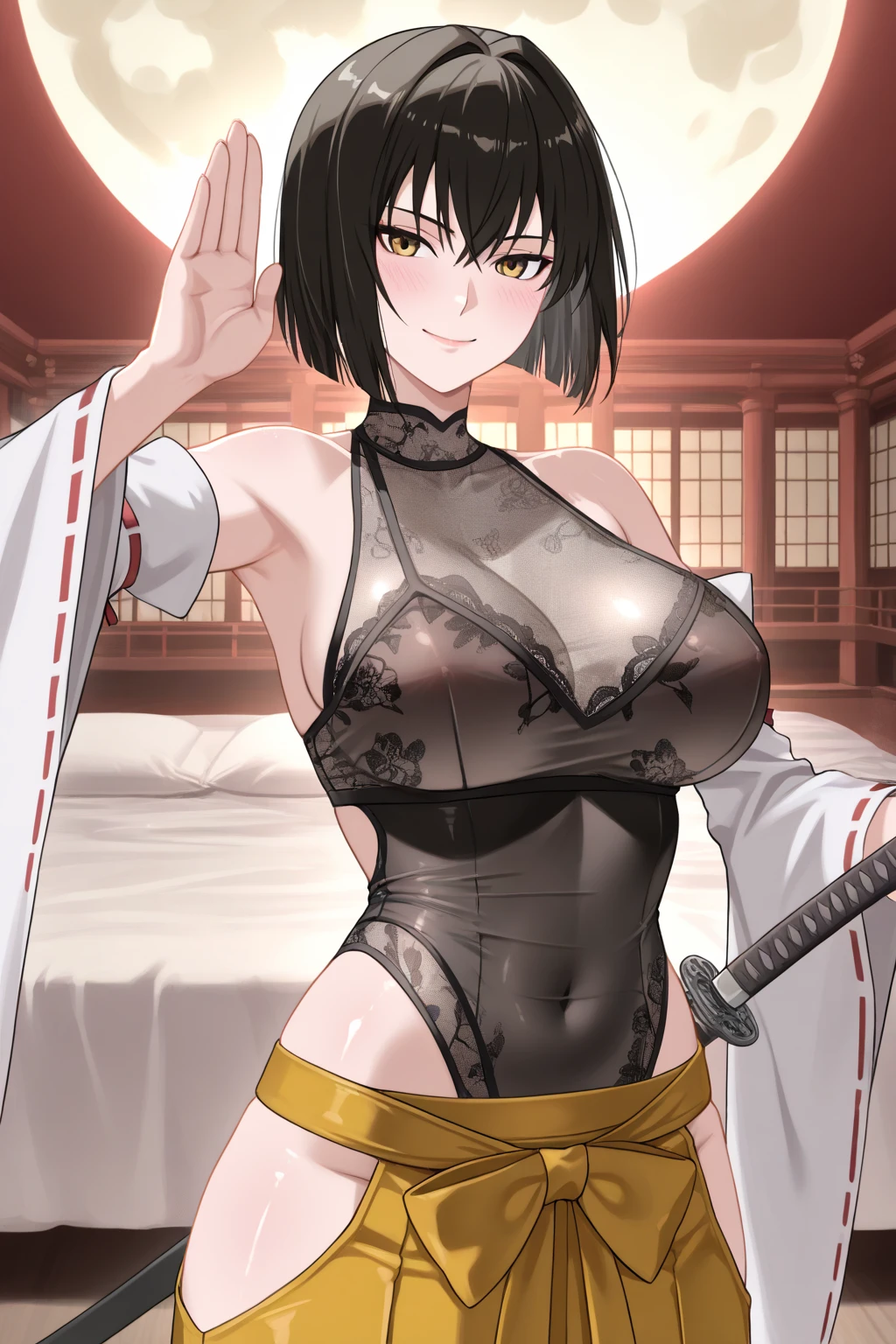 masterpiece, best quality, 1girl, <lora:Baek_Seolin-000008:0.7> thg-seolin, black hair, [pink eyes], white shirt, navel cutout,  upper body, cowboy shot