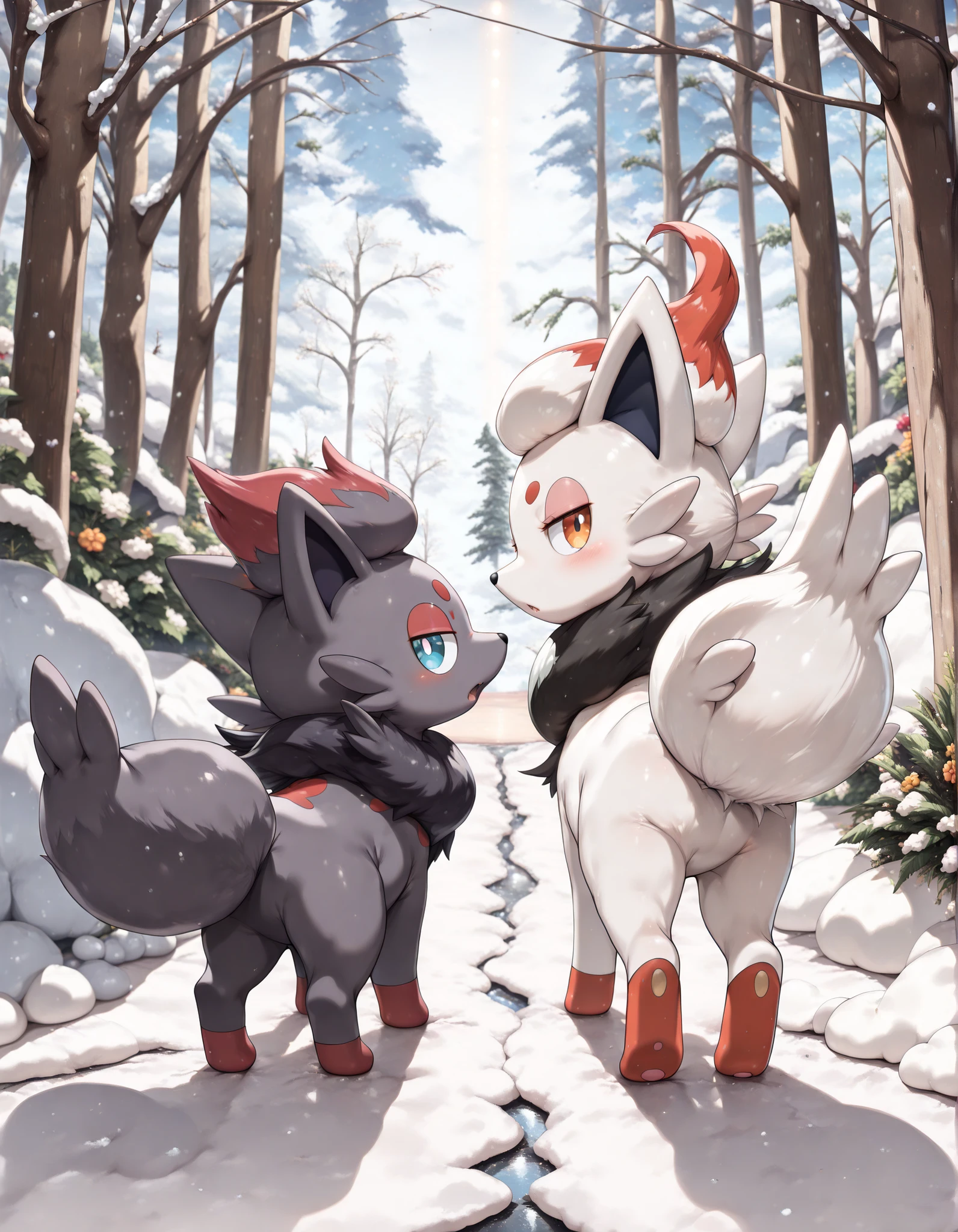 (((masterpiece, best quality, amazing quality, very aesthetic, high resolution, ultra-detailed, absurdres, detailed background, detailed eyes, volumetric lighting))), duo, side by side, rear view, looking back at viewer, feral, raised tail, pokemon, hisuian zorua, zorua, female, outside, forest snow, safe, little