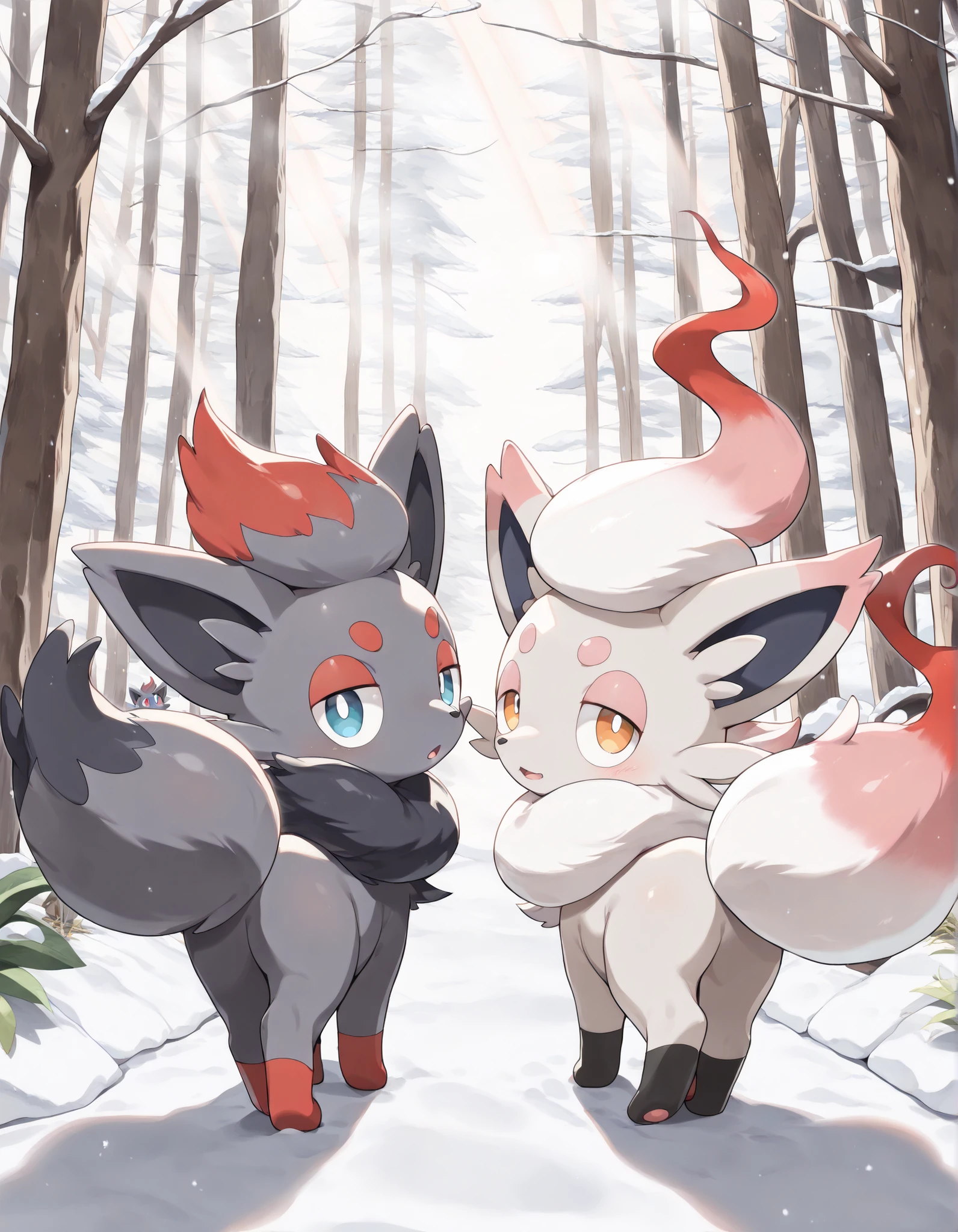 (((masterpiece, best quality, amazing quality, very aesthetic, high resolution, ultra-detailed, absurdres, detailed background, detailed eyes, volumetric lighting))), duo, side by side, rear view, looking back at viewer, feral, raised tail, pokemon, hisuian zorua, zorua, female, outside, forest snow, safe, little