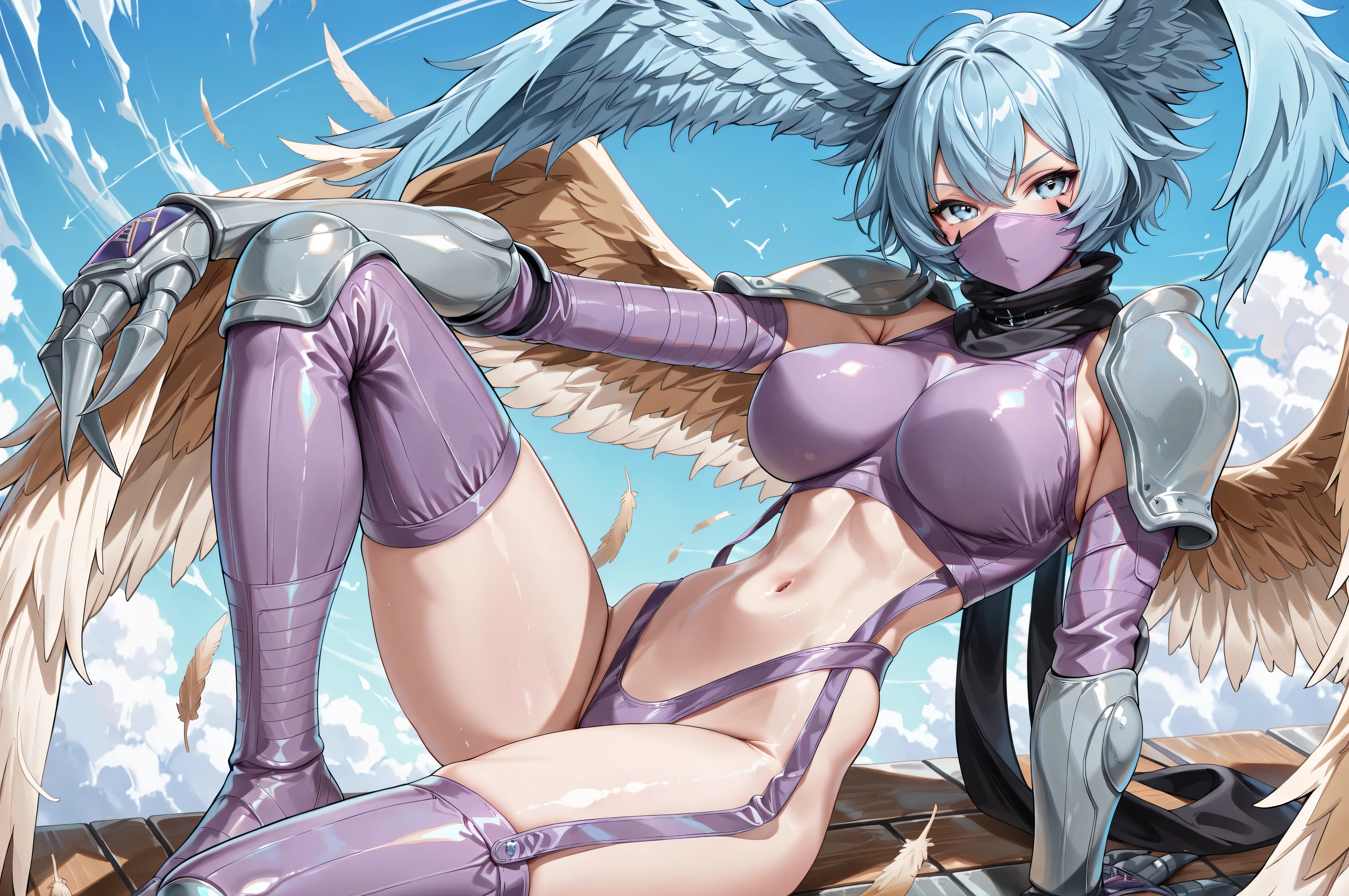 (masterpiece, detailed:1.2)、solo、knee up、arm support、(shutumon 、白い肌、crop top, Thong 、purple ninja mask,腹出しスタイル:1.5、裸のお腹:1.5 、black scarf, purple garter straps, vambraces, pauldrons, claws, talons,青い瞳、blue hair、パープルパンティー、パープルガーターストラップ、腹筋、アニメ着色:1.5、フルボディ、super highleg、
big breasts :1.3)