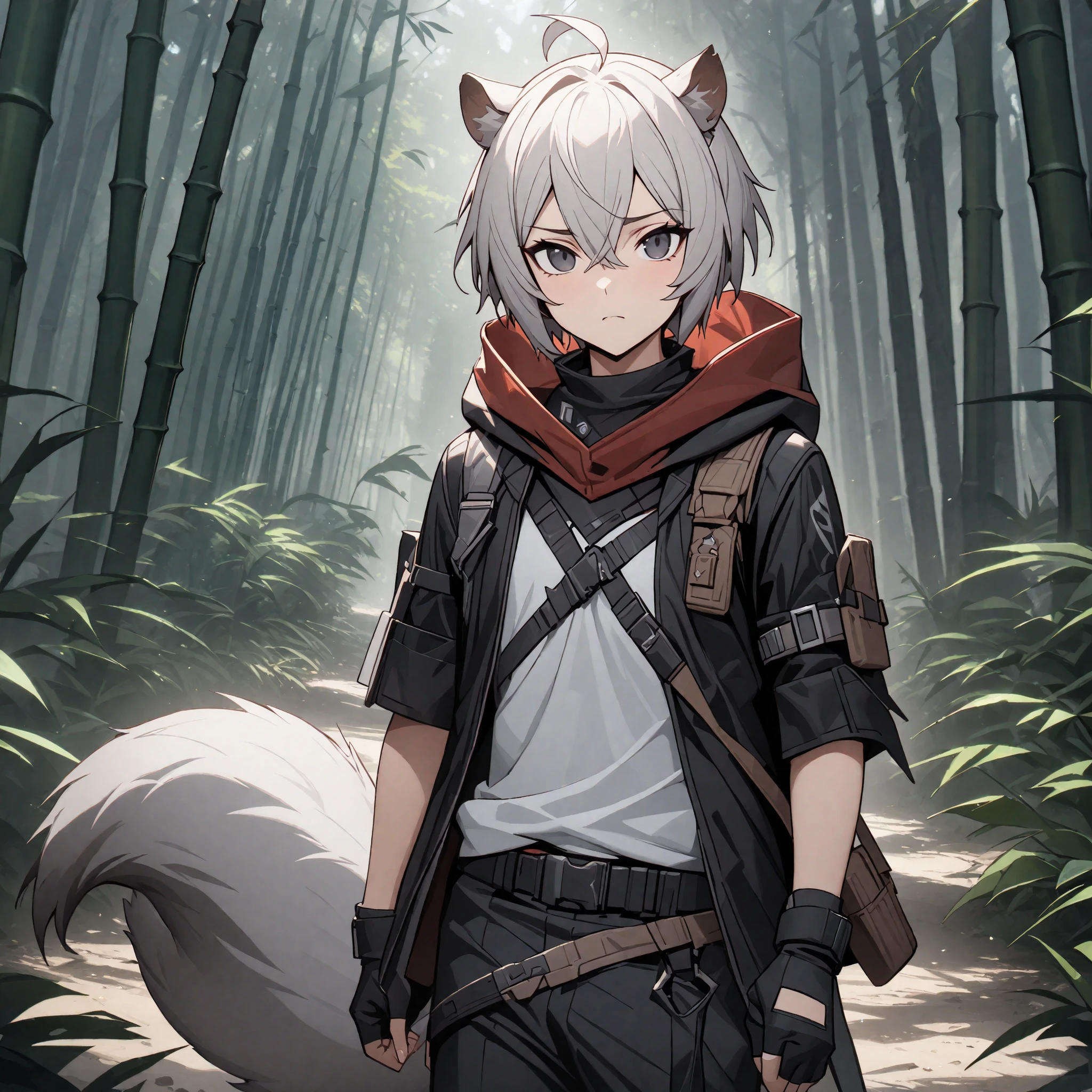 Masterpiece, High quality, Best quality, Quality masterpiece, Live2D, splash art, Focus face, solo man, Male, 1 Man, head, Short hair, animal ears, animal tail, hair between eyes, tail, white hair, grey hair, ahoge, multicolored hair, squirrel ears, squirrel tail, Black eyes, wide collar, hood down, white shirt, black clothes, black gloves, fingerless gloves, black pants, Three-quarter pants, belt accessory, belt pouch, Bamboo forest, Ancient ruins.