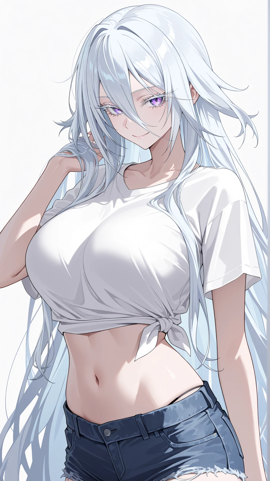 1girl, solo, anime girl, elegant, sovetsky_soyuz, masterpiece, very aesthetic, white hair, extremely long hair, very long hair between eyes, purple eyes, sharp eye outlines, white eyelashes, long eyelashes, looking at viewer, smile, big breasts, slim body, white tied shirt, short sleeve, navy denim shorts, black panty string, straight-on view, brushing hair, badass, white background, simple background, soft skin, volume light, depth of field, high detail, highres, ultra-detailed, detailed face, (detailed eyes), (perfect eyes), perfect composition, intricate details, detailed and polished anime style, (detailed hand), (perfect hand), 4K, 8K