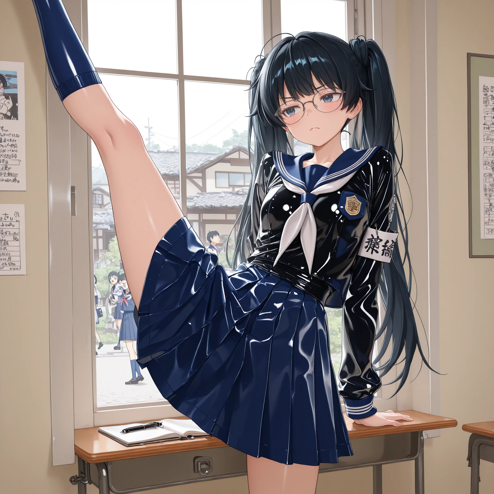 latex,bdsm outfit,morimee_style,cute face,3DMM,top quality、anime style、masterpiece、the girl who is the disciplined public affairs committee chairman、 sailor uniform、the armband of the Discipline Committee、serious expression、wearing glasses、long black hair、high kick pose、strict atmosphere、School hallways、The morning light is shining through the window、blue socks with badges、notebook and pen on a street corner in a rural Japanese town、Well-groomed uniform、Neat hairstyle、dignified eyes、Watching over other students、school background、High Quality、beautiful writing with a rule book、delicate depiction down to the smallest detail、cute