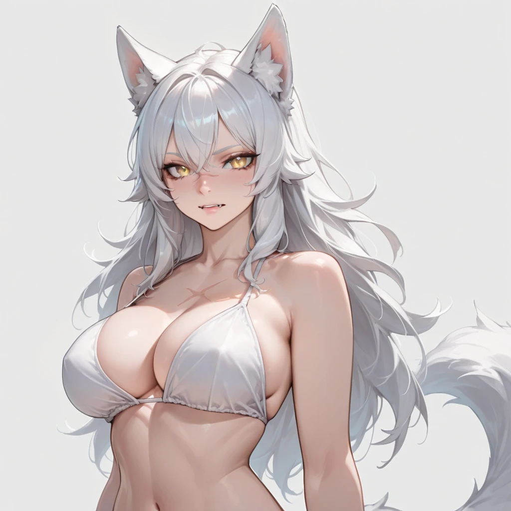 beautiful, (masterpiece:1.2), (best quality:1.2), perfect face, perfect eyes, perfect lighting, 1girl, animal ears, bangs, bare shoulders, bikini, black bikini, breasts, bright pupils, cleavage, closed mouth, collarbone, grey hair, huge breasts, large breasts, looking at viewer, navel, red eyes, short hair, simple background, solo, swimsuit, upper body, white background, white hair, white pupils, wolf ears, center focus, cropped torso, <lora:Cropped Torso LoRA:0.75>