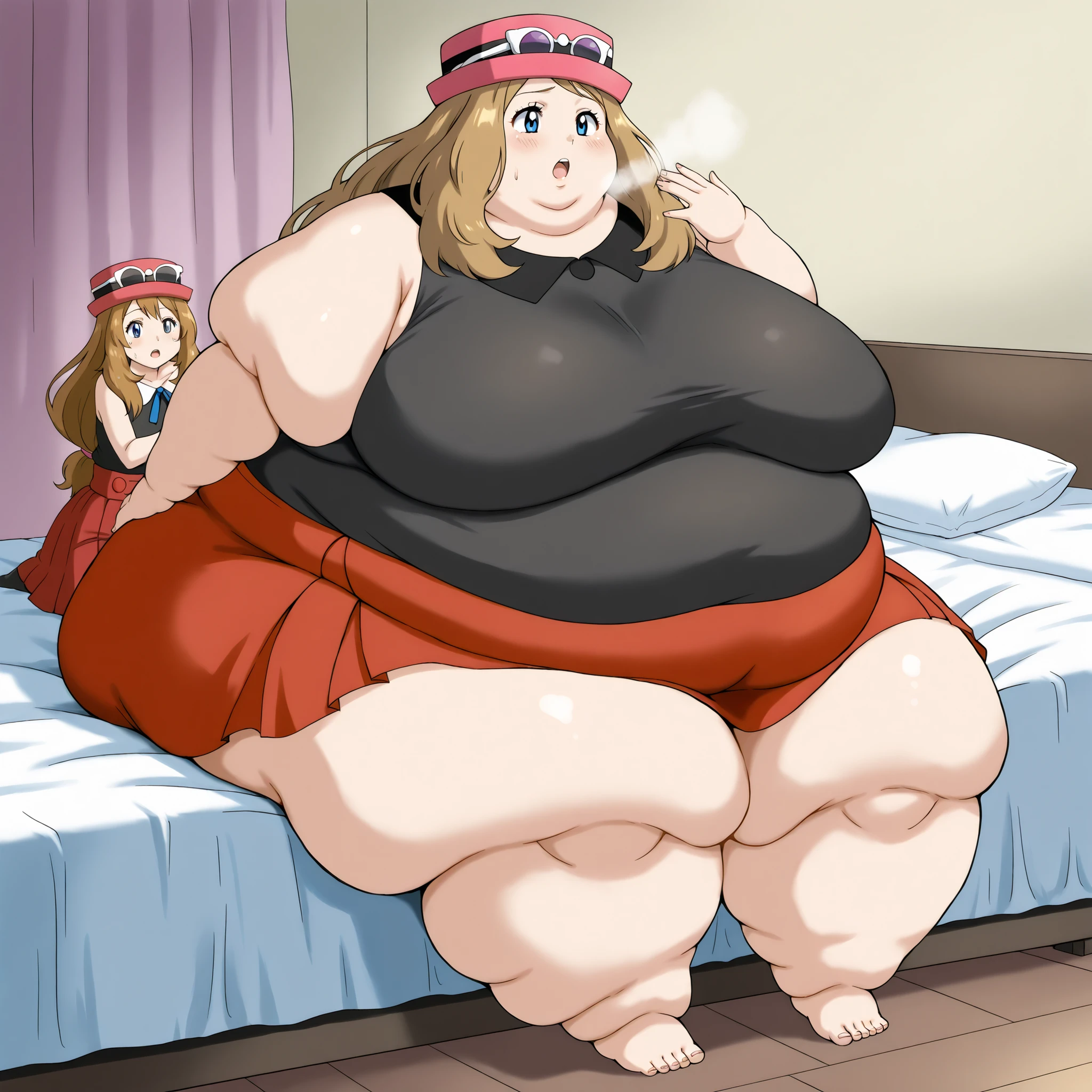 source_anime, pokemonserena, serena, long hair, blue eyes, brown hair, eyewear on head, hat, skirt, sunglasses, shirt, black shirt, sleeveless, red skirt, pink hat, bedroom, fat, chubby, obese, fat neck, multiple chins, big breasts open mouth, out of breath, Larger female, full body shot, sitting on bed, sitting down,