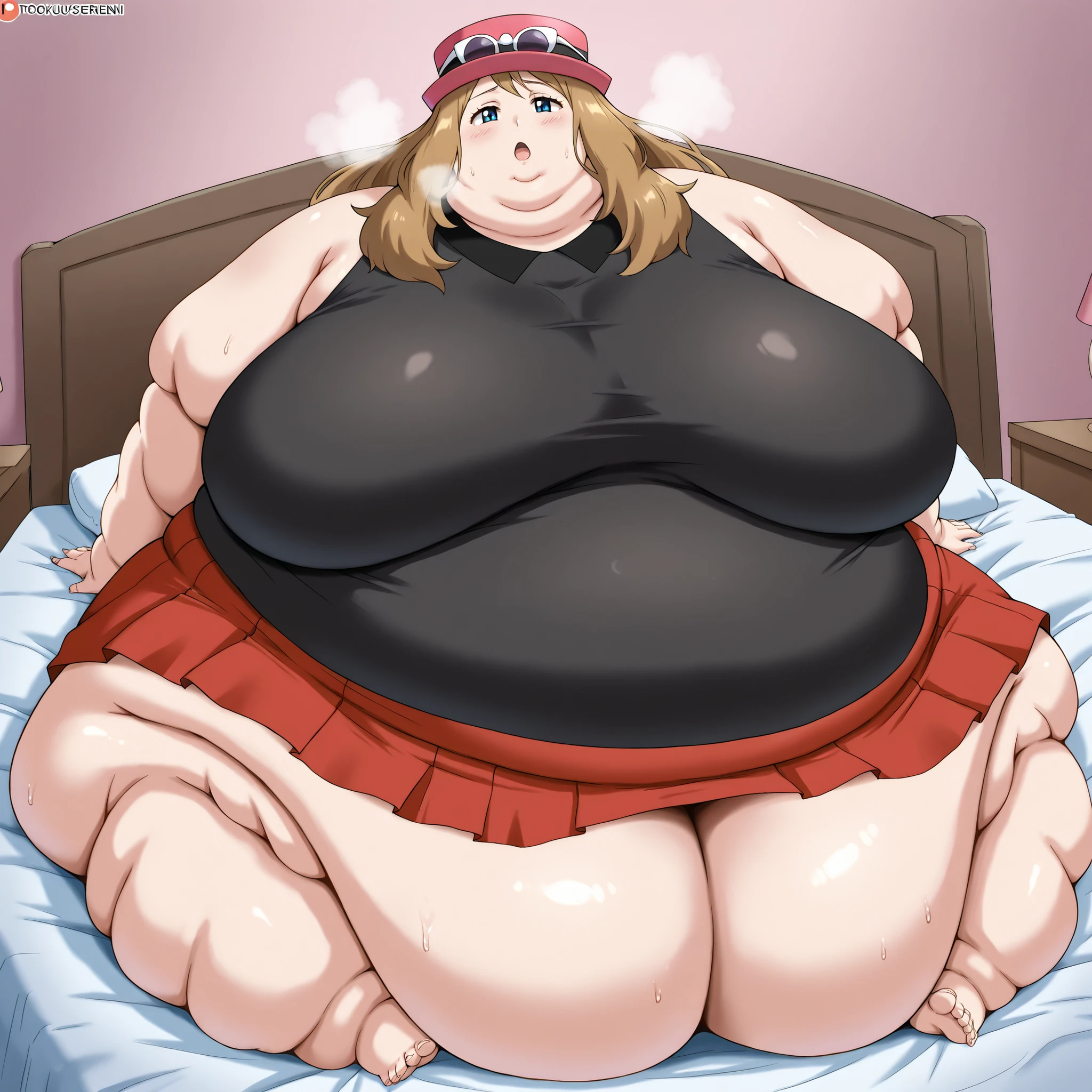 source_anime, pokemonserena, serena, long hair, blue eyes, brown hair, eyewear on head, hat, skirt, sunglasses, shirt, black shirt, sleeveless, red skirt, pink hat, bedroom, fat, chubby, obese, fat neck, multiple chins, big breasts open mouth, out of breath, Larger female, full body shot, sitting on bed, sitting down,