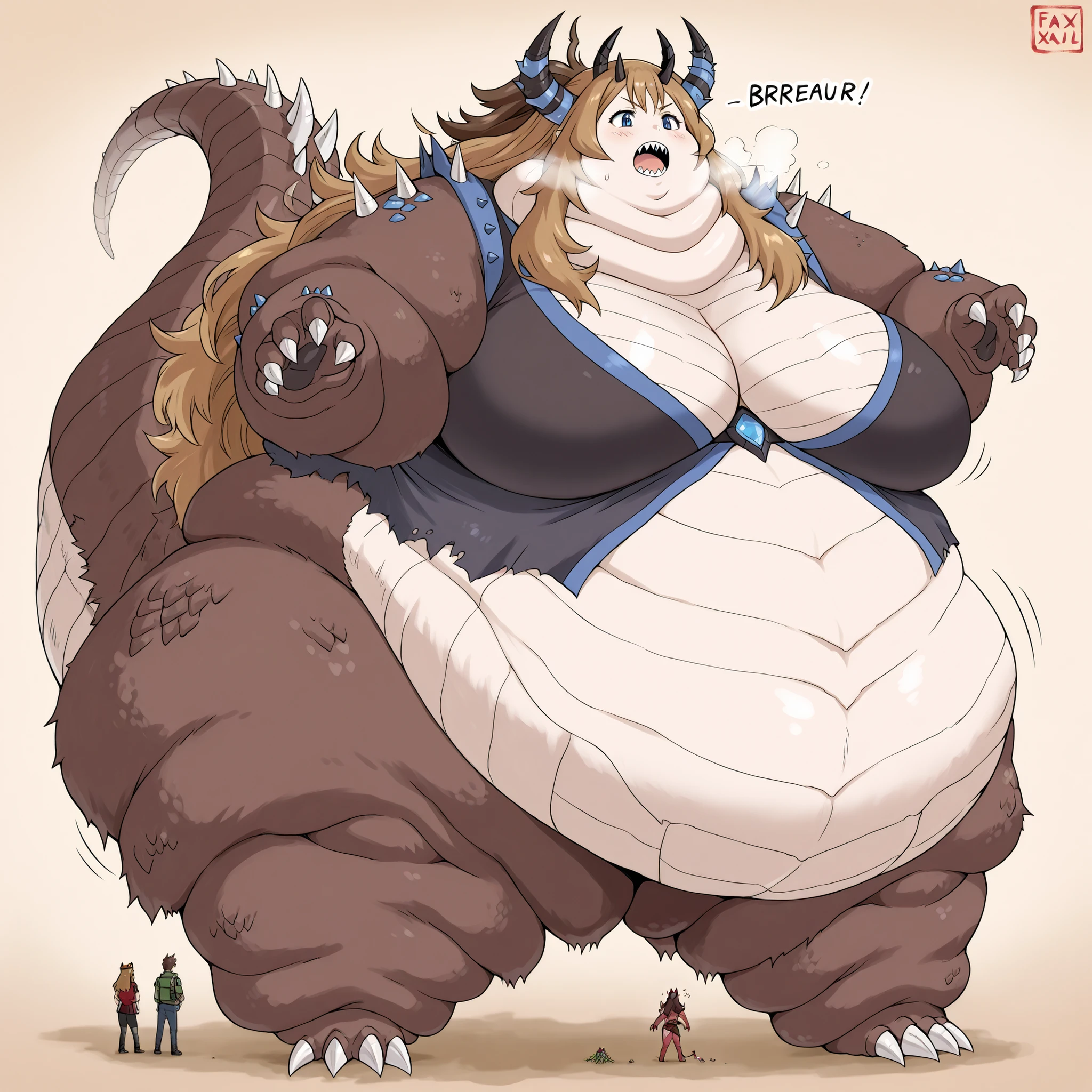 source_anime, pokemonserena, serena, long hair, blue eyes, brown hair, tail scales,<lora:Kaijufication PonyXL>,<lora:backgroundsetXL:1>,kaiju,(horns:2),thick thighs,tail,(claws:1.2),(sharp teeth:1.4),(spikes:1.5),(monster:1.5),monster girl,giantess,giant,two-tone scales,scalie,alien, fat, chubby, obese, fat neck, multiple chins, big breasts open mouth, out of breath, Larger female, full body shot, 