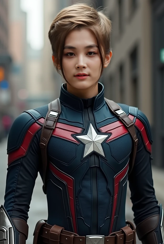 (1girll:1.3)、独奏、__body-parts__、official arts、统一 8k 壁纸、Ultra Detailed、Beauty and aesthetics of beautiful 、tmasterpiece、beste-Qualit、Fantastic atmosphere、Calm color palette、Calm mood、Soft shade、A big-breasted，big breastes, skinny waist，revealing lower body，Background from：aerodrome，Plane，Captain America，wearing：Captain America uniform，