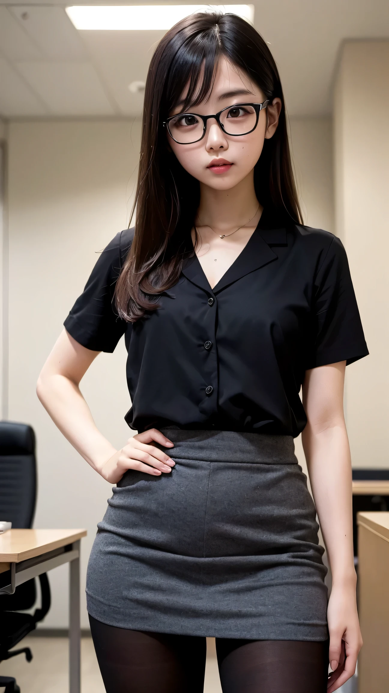 disorganized, RAW photo, very delicate and beautiful, masterpiece, highest quality, ultra high resolution, 32K, surreal, super detailed, perfect , perfect figure, super dense skin, Highly detailed CG 8k wallpaper, 20's, very slim body, tight waist, very small head, very small face, delicate facial features, tearful mole, earrings, thin legs, (very huge round :1.2), full body shot, 1 girl, short hair, wavy hair, short pencil skirt, black shirt, (collared shirt:1.3), No sleeve,