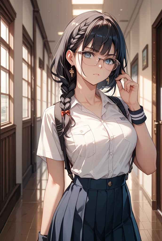 a very busty anime girl in glasses sitting on a desk in front of a chalk board, 1girl, breasts, silver hair , skirt, pantyhose, solo, glasses, cleavage, shirt, large breasts, desk, purple eyes, chalkboard, indoors, sitting, looking at viewer, classroom, collared shirt, blue shirt, partially unbuttoned, ponytail, black skirt, collarbone, long hair