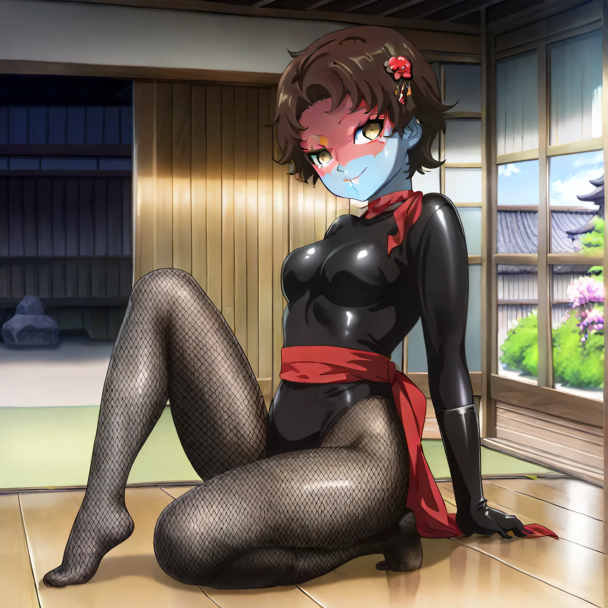 (((Masterpiece))), (((Best Quality))), ((Super Detail)), ultra-High resolution, score_9,score_8_up,score_7_up,score_6_up,score_5_up,score_4_up, BREAK, source_anime, anime screencap, uncensored, Masterpiece, (best shadow), (absurdres), (detailed background), (very aesthetic), detailed beautiful eyes, outstanding, an exquisite animation illustration, curvy, highres, shiny clothing, dark persona, empty eyes, blank eyes, shocker, black leotard, latex elbow gloves, brown fishnet pantyhose, blue skin, colored skin, red sash, makeup, shaded face, red skin, (((solo, 1girl))), hair ornament, seductive pose, submissive pose, anime style, anime coloring, animification, megami magazine, sexy pose, small breast, kannaww, brown eyes, brown hair, short hair, parted bangs, japanese house, taisho, sitting, smile, closed mouth, tilt head, head tilt, kneeling, looking from side, view from side, from side, full body, flower, wind, windy, petal, japanese architecture, sideways glance, smile, happy, gentle smile, cute smile, cute pose, sitting on floor, floor, japanese garden, dappled light, sunbeam, knees up, knee up