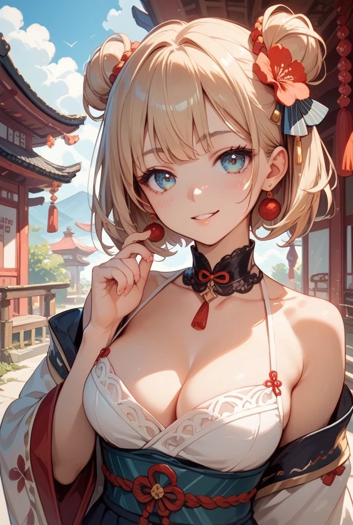 (Detailed skin:1.2),(Shiny skin:1.1),8k,Highest quality, masterpiece, Ultra-high resolution,(Realistic:1.4), RAW Photos,(Soft saturation:1.3),(Fair skin:1.2),Half-Japanese beauty,repair,18 years, Light brown hair, （Up-Hairstyles:1.2), Asymmetrical Hair, (Pretty face:1.4), (, Tight waist), Beautiful lighting, ( Oiran:1.2,),Highly detailed face, Highly detailed lips, fine grain, double eyelid, （Sharp focus: 1.2）, （Perfect Anatomy),(Beautiful woman with perfect figure: 1.2）、Exposing cleavage、Random  poses，(Accentuate your leg lines:1.1)、kimono、Sharp Eyes,smile,((Colorful Bikinis:1.3)), Swimwear,Upper Body, ,  pose 