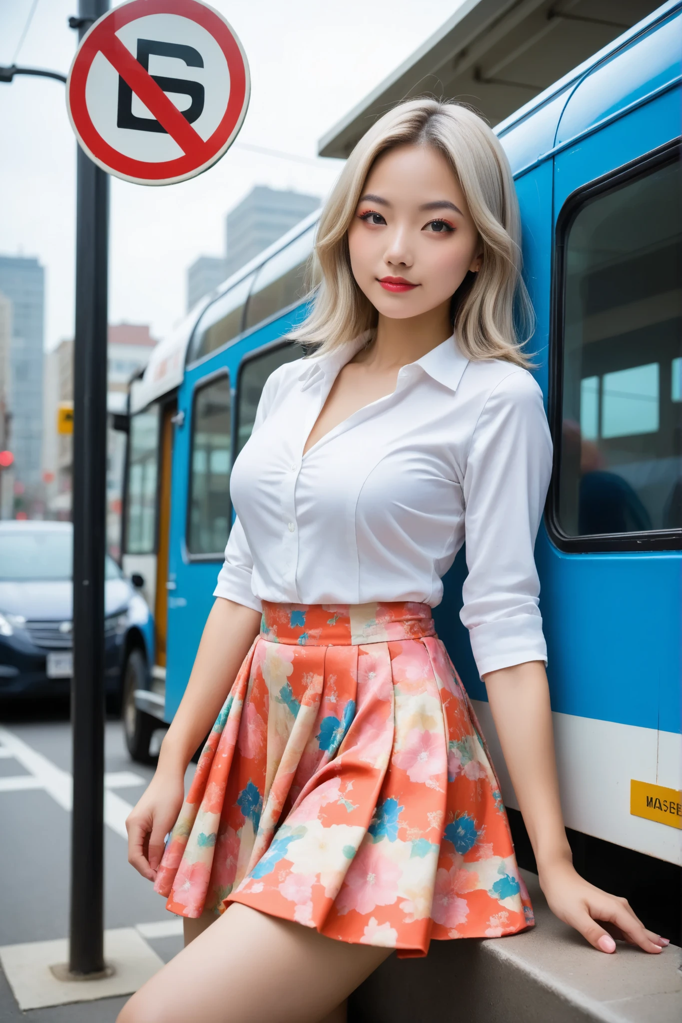 score_9, score_8_up, score_7_up.
Street corner stories.
She is wearing a knee-length skirt over tights.
Colorful and elaborate skirt made with many different colors.
She is about to board the bus.
She is looking at the bus.
Side view. Wide angle, long distance shot.
Super beautiful woman, Japanese face, closed mouth, makeup, long upturned eyeliners.
Her platinum blonde hair was asymmetrically swept back on one side, parted bangs.
There are many female passersby around.
Bus stop, bus, very detailed cityscape., daytime.
Best quality, masterpiece.