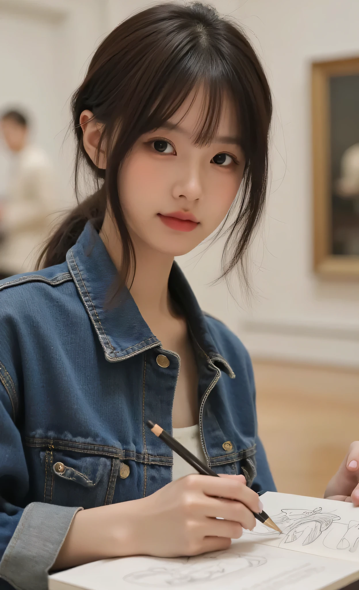 high quality, masterpiece, best quality, photorealistic portrait of a teenage girl with cute wolf cut with curtain bangs, wearing comfortable oversized denim jacket over simple dress, sketching in art museum gallery, concentrated expression while drawing sculpture details, natural makeup with subtle highlighter, detailed skin texture with museum lighting highlighting features, art museum environment with white walls and artwork blurred in background, shallow depth of field focusing on face and sketchbook, fine art photography style, 85mm lens, clean museum color palette with artistic highlights, (realistic facial details:1.3), (natural gallery lighting:1.2), (authentic artistic moment:1.3)
