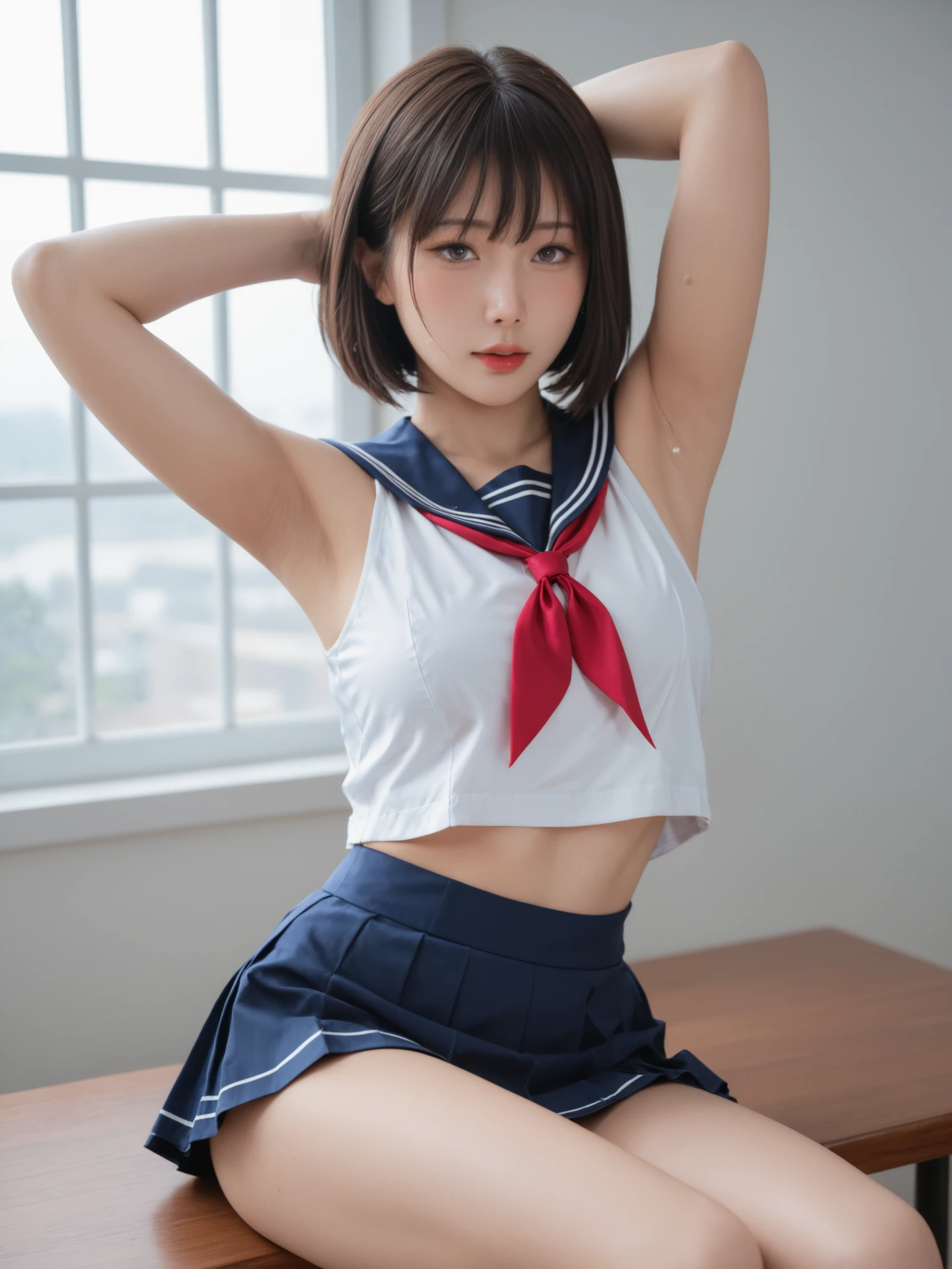 Highest Quality,masterpiece,staring at viewers,infirmary,Discipline Committee,Armpit,sweat,big boobs,soft touch,Delicate Body Curves,Realistic Human Body,school,,sleeveless,sailor suit,mini skirt,unique design,Armpitsweat,steam,bob cut,Armpitの匂い,sitting,