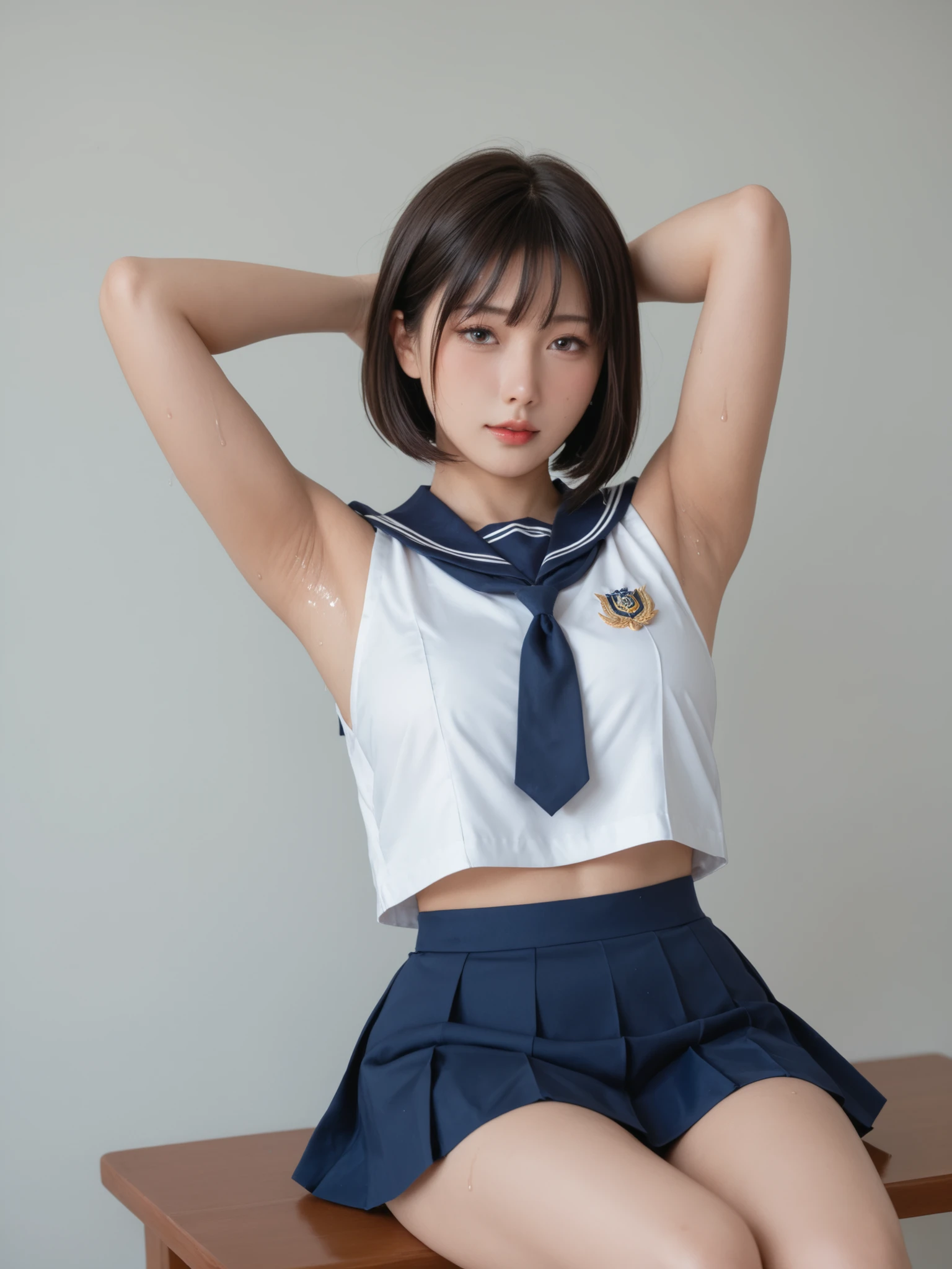 Highest Quality,masterpiece,staring at viewers,infirmary,Discipline Committee,Armpit,sweat,big boobs,soft touch,Delicate Body Curves,Realistic Human Body,school,,sleeveless,sailor suit,mini skirt,unique design,Armpitsweat,steam,bob cut,Armpitの匂い,sitting,