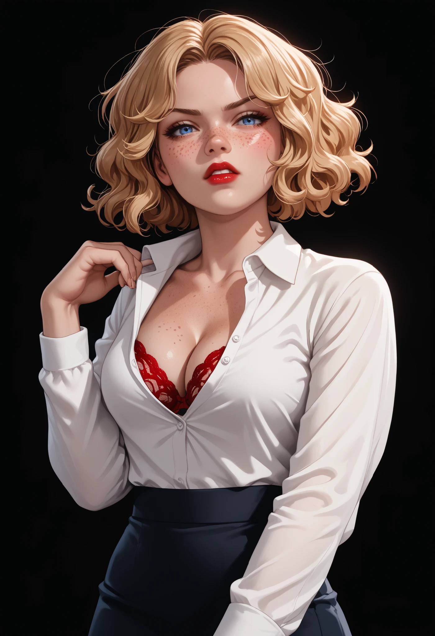 source_anime ,score_9, score_8_ up, score_7, ((black background)) , ((Russian woman)) ,((1girl)) ,Fierce face , Red lips (solo girl) ,25 years old, Dominic, rathing_questionable , (freckles:1.3), nice eyebrowed, plastic lips, Blonde short wavy hair ,(Red lace bra), (short hair),  blue eyes,  Sexy office lady, (Long-sleeved white shirt:1.4) (short A-line skirt:1.2) ,((Medium bust:0.4)) , ((thin:0.8)) sexy , strong , Medium ass , sexy pose ,cleavage ,anger