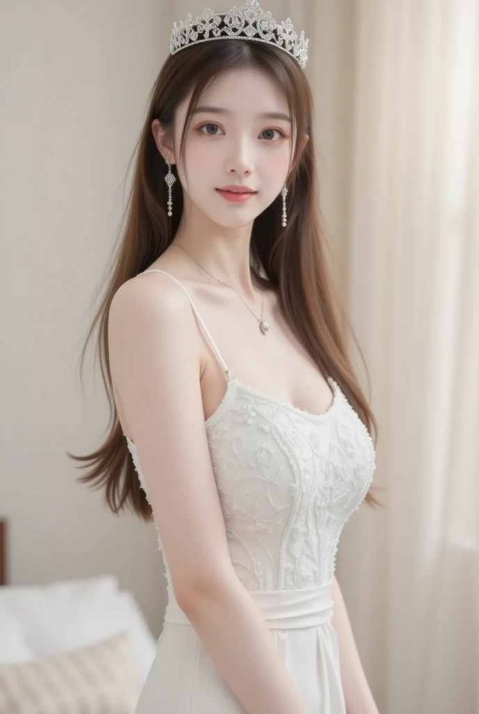 Ultra-realistic 8k, CG, Flawless, Cute expression, Intricate details, 18-year-old girl wearing a silver dress, Best quality, Realistic photos，Pantyhose，Beautiful tiara