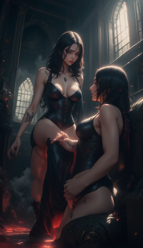"((Obra maestra))(The best lighting, alto contraste, oscuro, dramatic, Acabado fotorrealista),(red lingerie, big ????, tattoos),(mujer abraza a Cthulhu), viejos gritando, gorilas, Serpientes. Luz Caravaggio"