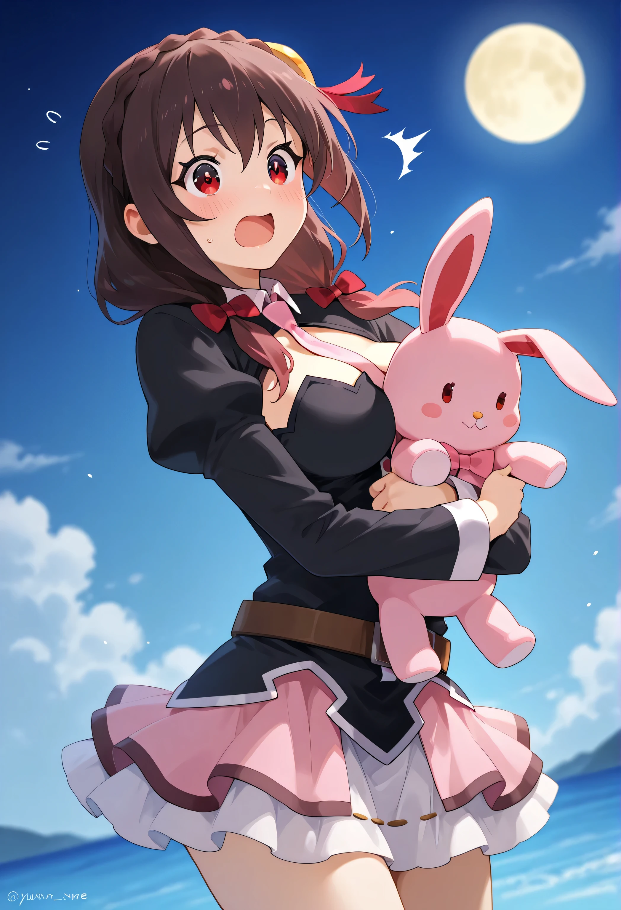 Yunyun konosuba,Crimson Eyes,is embarrassing、blush、happy、Open His Mouth、 night、Indoor、Highest Quality、The woman is holding a pink stuffed rabbit in her hand、Very surprised、side view