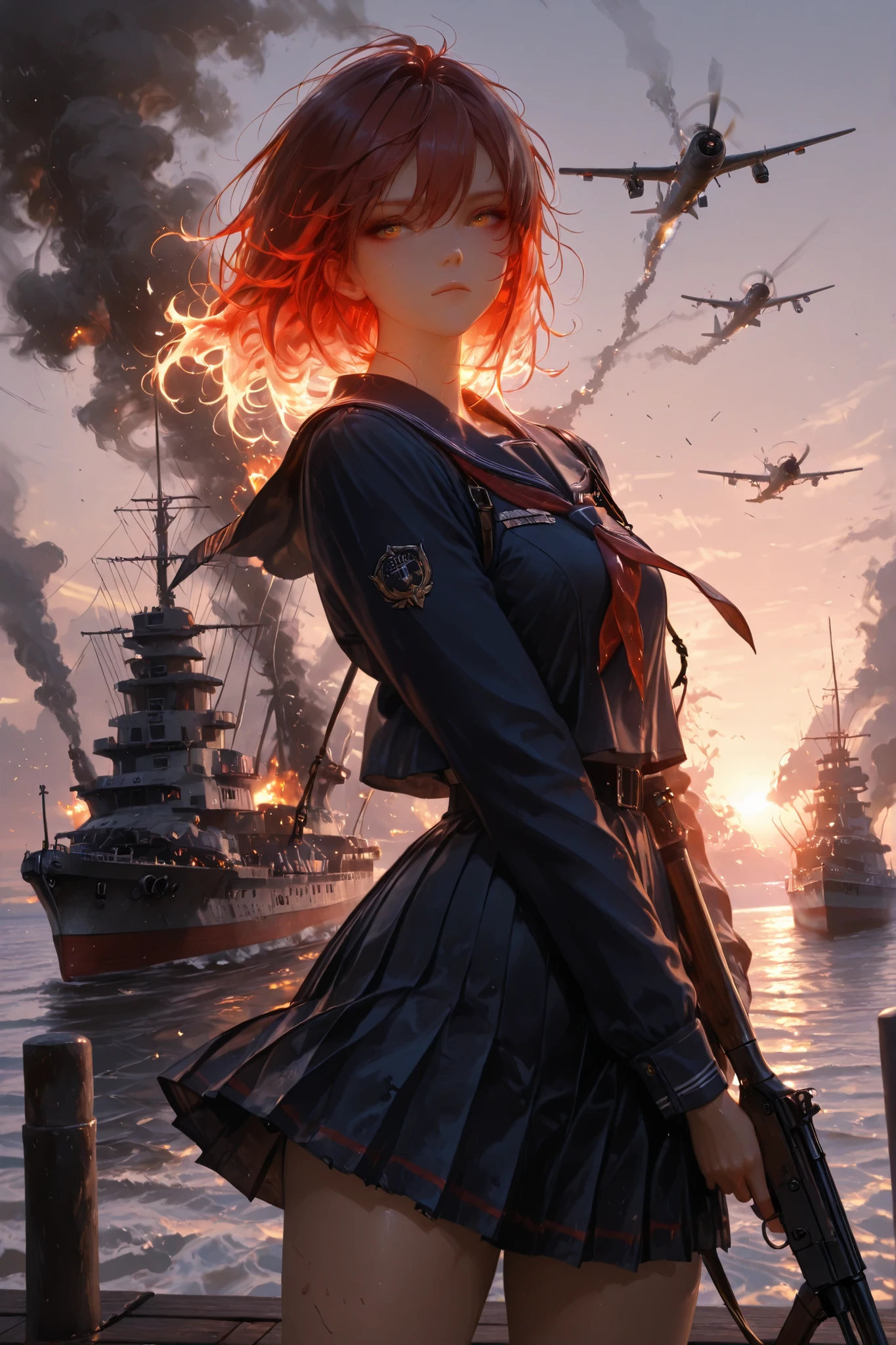 (masterpiece, best quality, ultra-detailed, anime illustration, 8K, cinematic),
scene: 1941 Pearl Harbor under attack, burning battleships in the distance, columns of smoke rising, (Japanese planes flying overhead), fiery reflections on the water,
1girl, anime style, high school student, Discipline Committee, adult female, guardians of the Rules, cowboy shot (from thighs up), low-angle bottom view for heroic scale,
pose: standing tall on the pier, hold a light machine gun, hair and clothes blown by wind, looking upward at the sky with determined expression,
outfit: sailor-inspired uniform with 1940s details (naval jacket, pleated skirt, tie), fluttering dramatically,
expression: serious, resolute, caught between fear and courage,
lighting: golden morning sun mixed with smoke and fire, cinematic contrast, lens flare,
details: embers in the air, depth of field, dramatic perspective exaggerating her stance,
style: semi-realistic anime, painterly rendering, war-torn atmosphere.