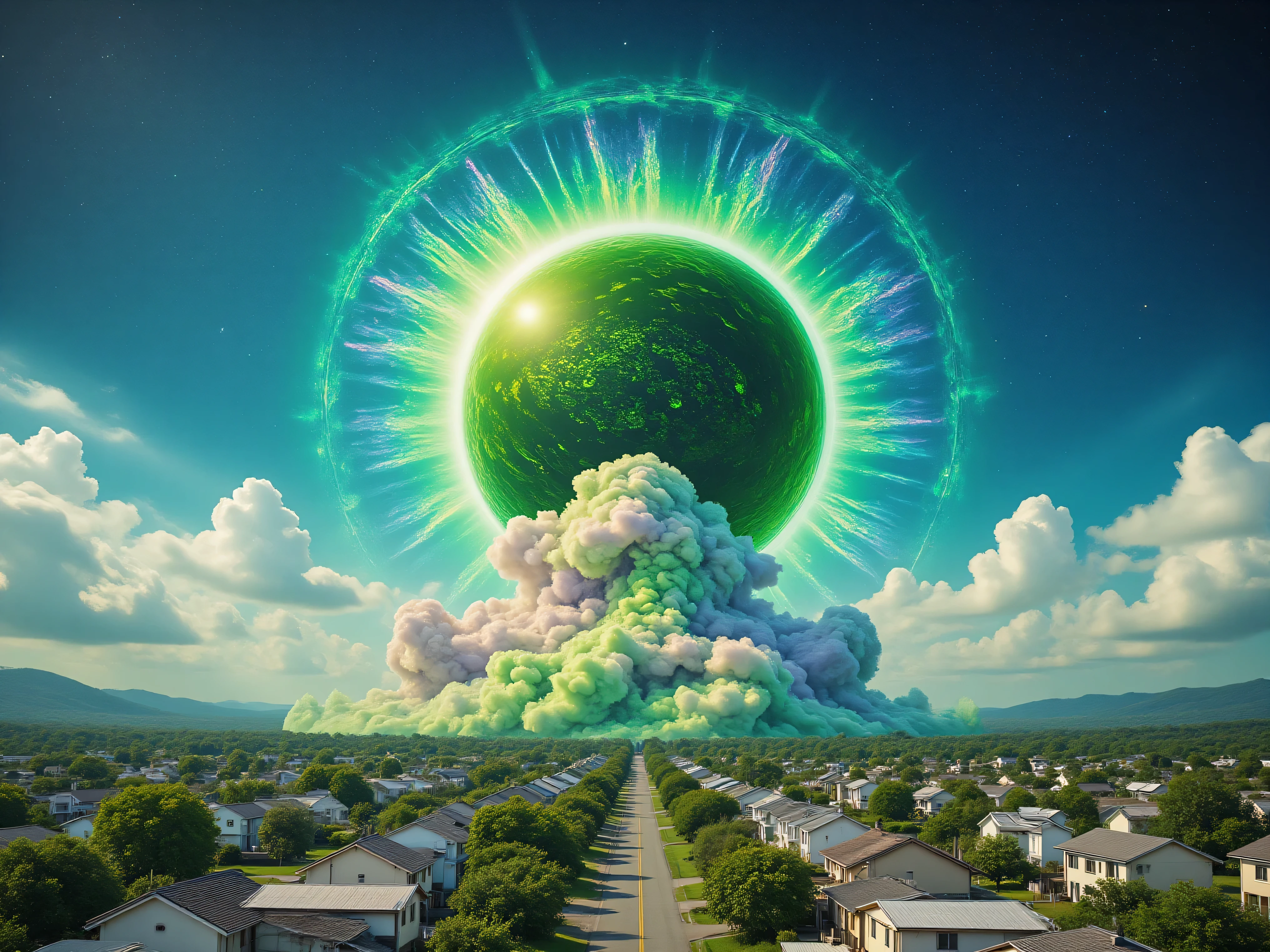 Ultra-realistic, photo-realistic, ultra-detailed, icon style, bright vibrant colors, an electric blue plasma sky with slime green clouds, and light lime green and white clouds in front of those clouds partially covering a dark green sun with tiny fragments of electric blue in it. An insane looking brilliant multi green and white colored cloud-plume-like formation just above a realistic-looking town of normal homes and buildings all painted white or off white. White, off-white and grey structures. It looks almost like a green nuclear bomb. It's bomb. Documentary style photorealism photography, 3D rendered realism, and attention to meticulous detail. A masterpiece.