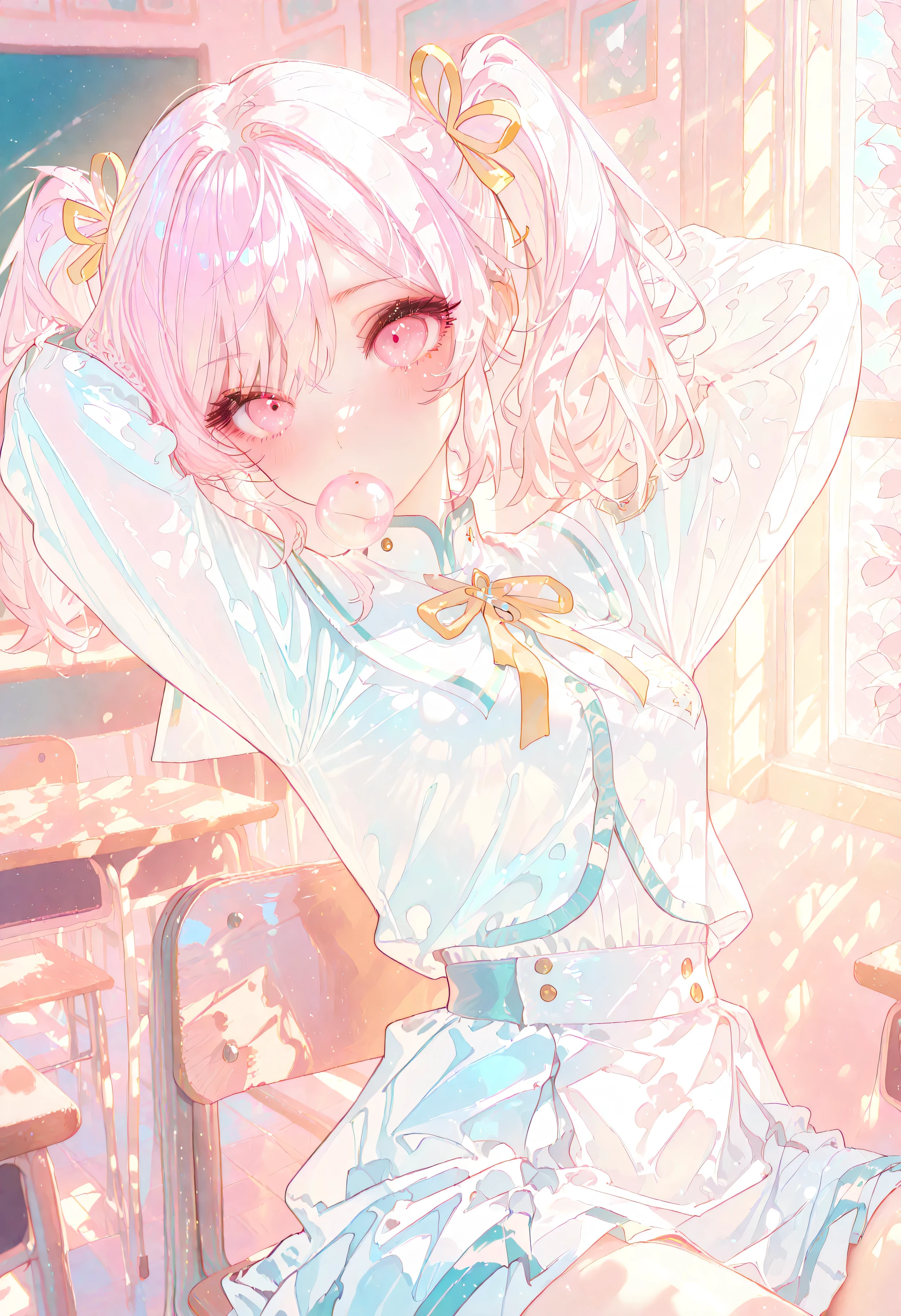 masterpiece, best quality, ultra detailed, 8K, anime illustration,
a cute schoolgirl with pastel pink twin-tails sitting on a classroom chair,
wearing a light blue and white school uniform with a yellow ribbon,
leaning back with both arms folded behind her head, looking bored and playful,
blowing a bubble with bubble gum, her lips softly parted,
soft morning sunlight enters through the classroom windows,
pastel color palette of sky blue, light yellow, and soft pink tones,
desks, chalkboard, and classroom details softly blurred with a matte finish,
her uniform and hair have gentle glossy highlights that catch the light subtly,
her eyes are delicately drawn with fine reflections, faint blush on cheeks,
anime-style clean linework, smooth shading,
soft dreamy atmosphere with a pop-art pastel vibe,
balanced colors — not overly pink, airy and fresh composition